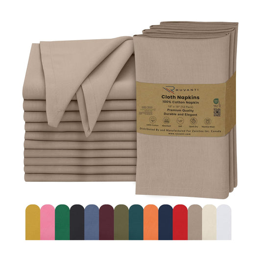 Ruvanti Cloth Napkins Set of 12, 100% Cotton 18”x18” - Light Taupe | Washable, Soft, Durable & Absorbent Everyday