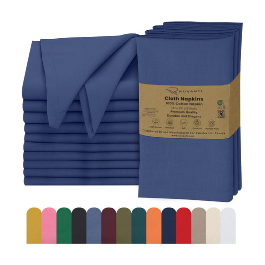 Ruvanti Cloth Napkins Set of 12, 100% Cotton 18”x18” - Bijou Blue | Washable, Soft, Durable & Absorbent Everyday