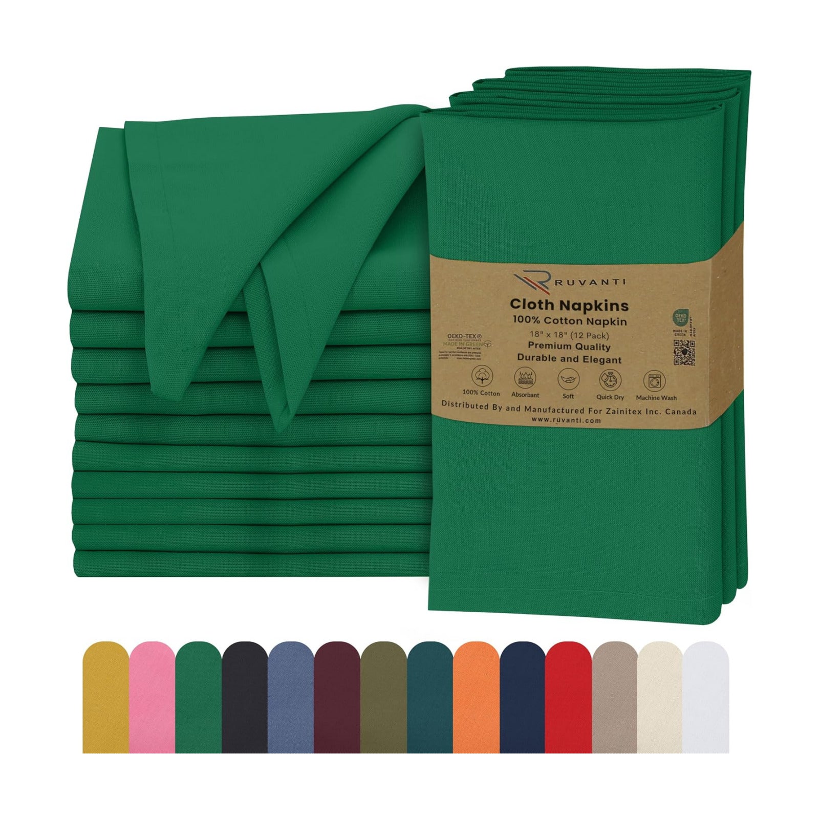 Ruvanti Cloth Napkins Set of 12, 100% Cotton 18”x18” - Amazon | Washable, Soft, Durable & Absorbent Everyday Napkins.