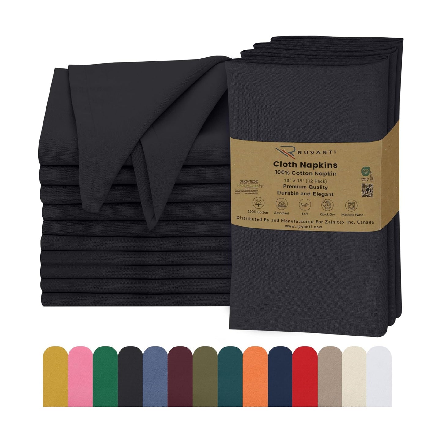 Ruvanti Cloth Napkins Set of 12, 100% Cotton 18”x18” - Black Beauty | Washable, Soft, Durable & Absorbent Everyday