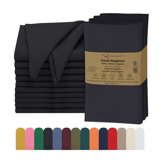 Ruvanti Cloth Napkins Set of 12, 100% Cotton 18”x18” - Black Beauty | Washable, Soft, Durable & Absorbent Everyday