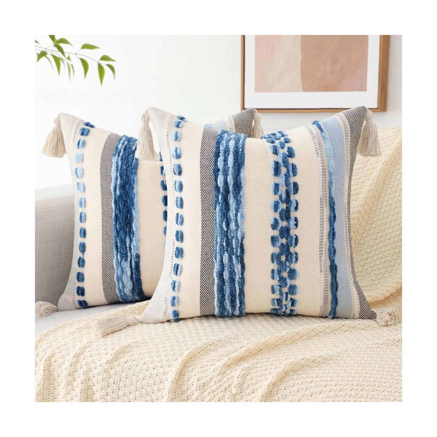 Boho Decorative Throw Pillow Covers / Sky Blue / 18 x 18 / Set of 2