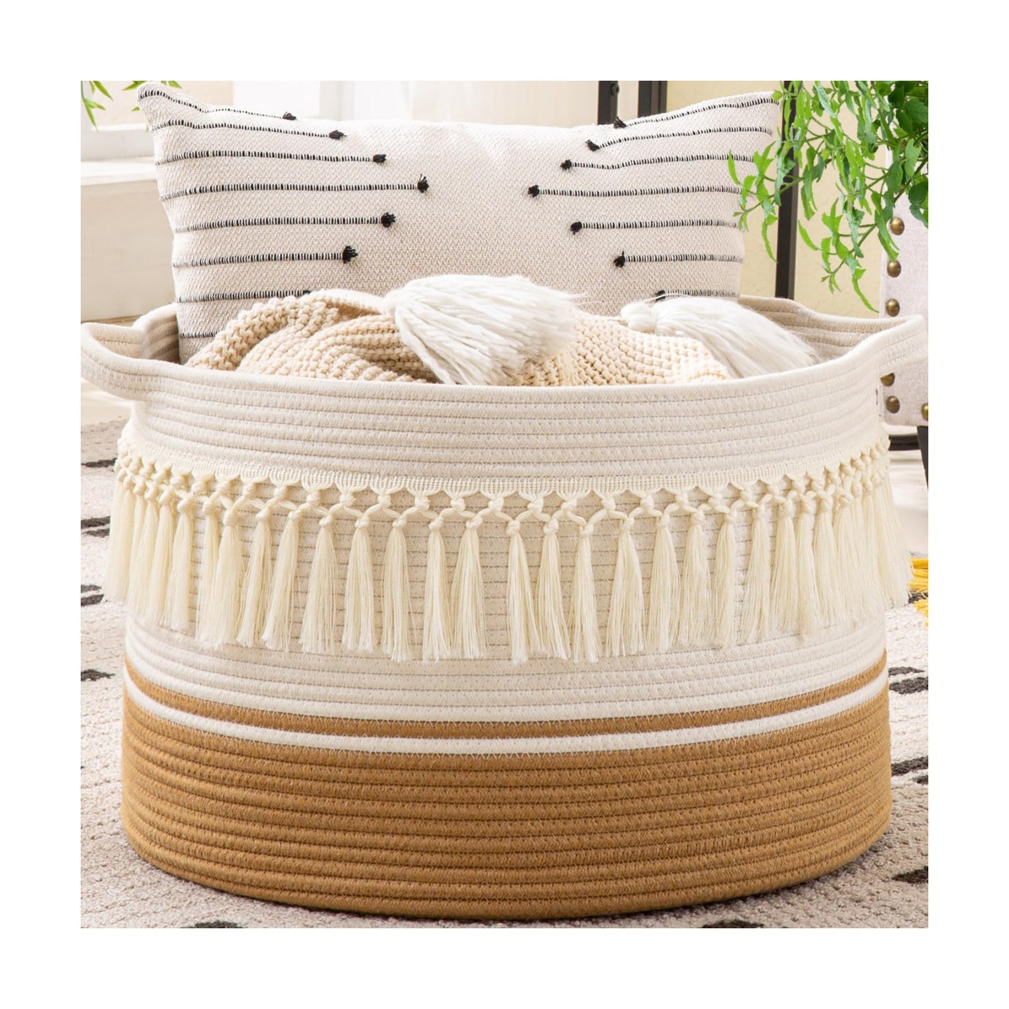 KAKAMAY Large Blanket Basket (20"x13"),Woven Baskets for storage Baby Laundry Hamper, Cotton Rope Blanket Basket for
