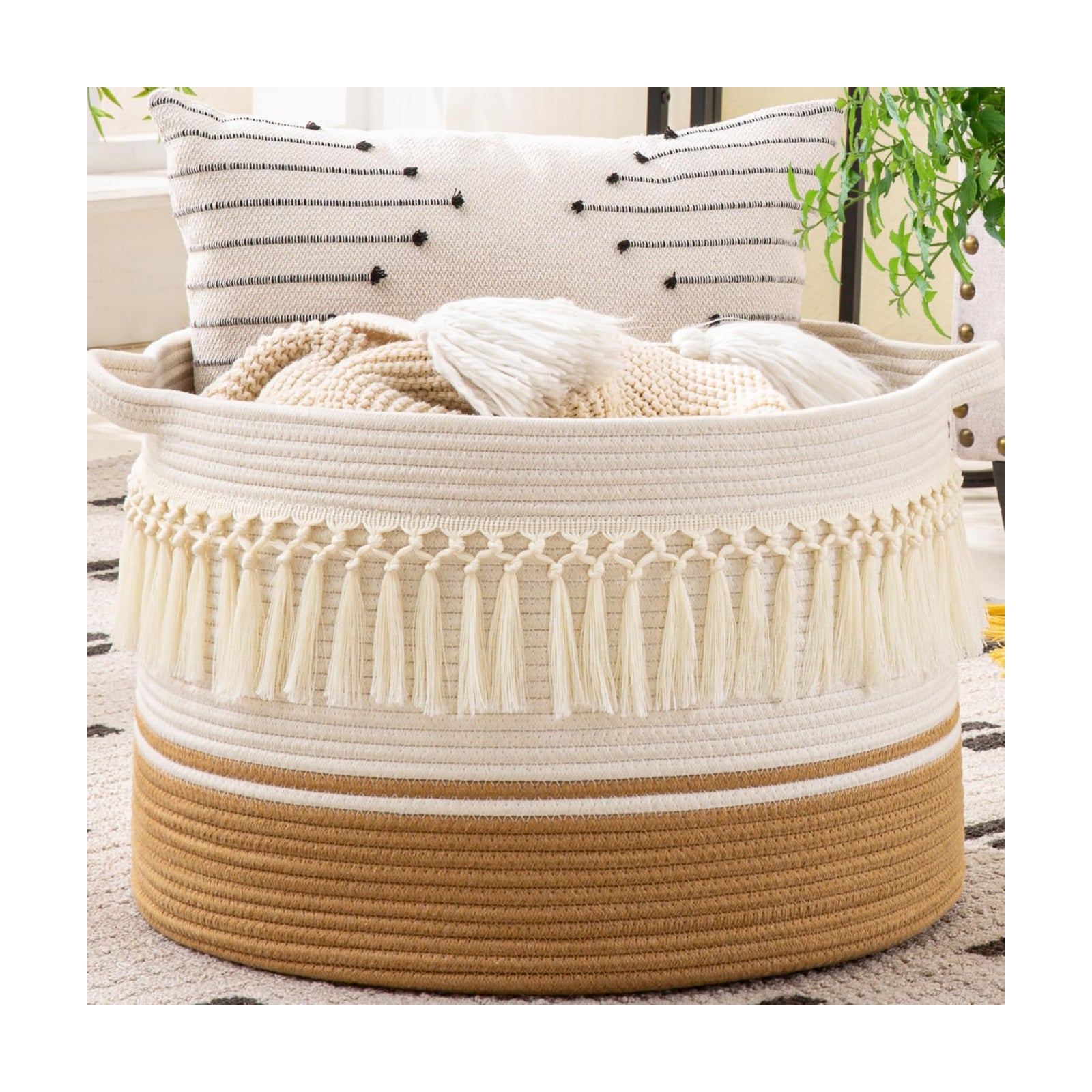 KAKAMAY Large Blanket Basket (20"x13"),Woven Baskets for storage Baby Laundry Hamper, Cotton Rope Blanket Basket for