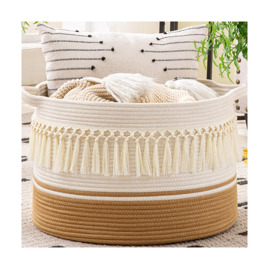 KAKAMAY Large Blanket Basket (20"x13"),Woven Baskets for storage Baby Laundry Hamper, Cotton Rope Blanket Basket for