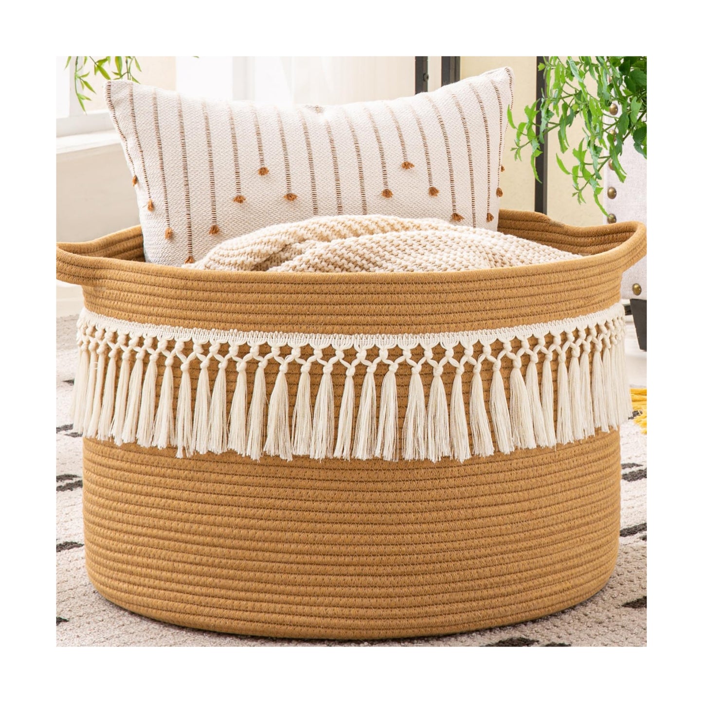 KAKAMAY Large Blanket Basket with Handles, Storage Basket for Living Room