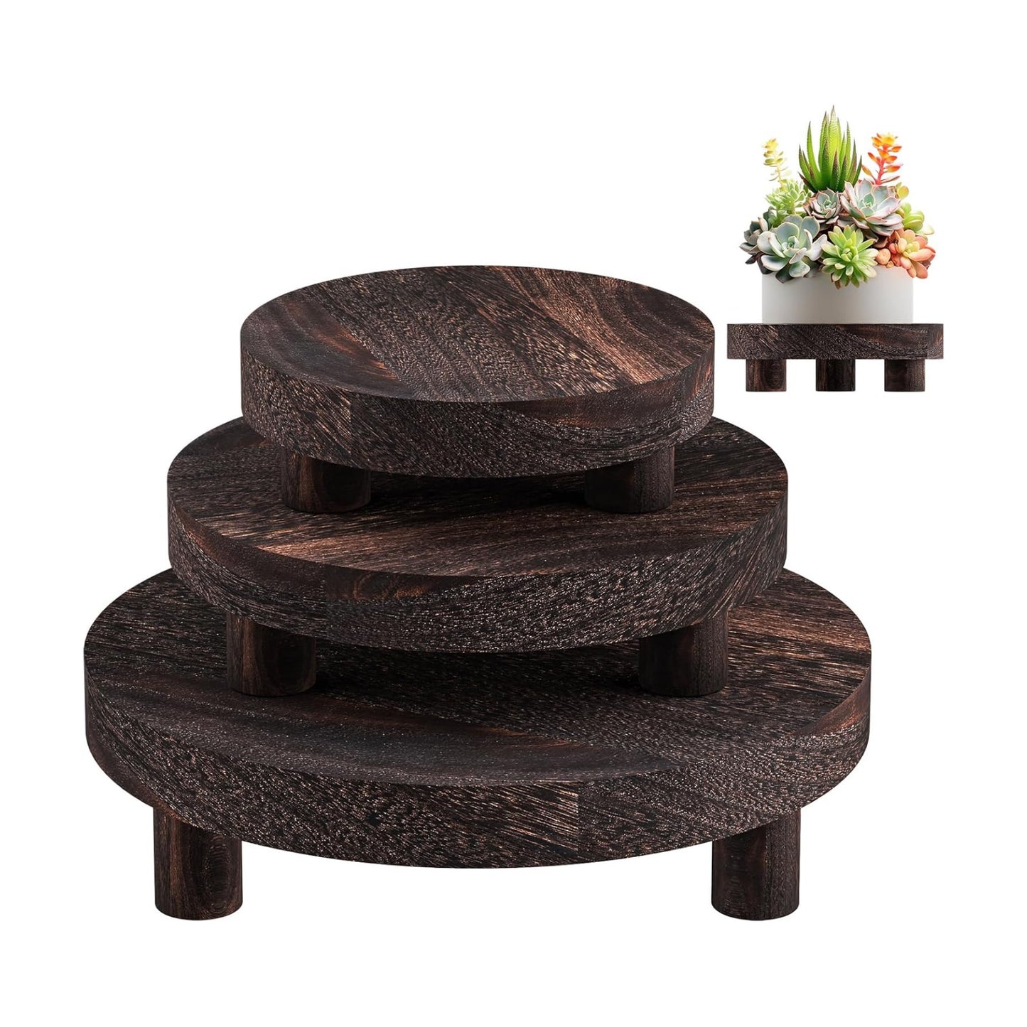 Wood Plant Stand Indoor Outdoor / Rustic Brown / Set of 3