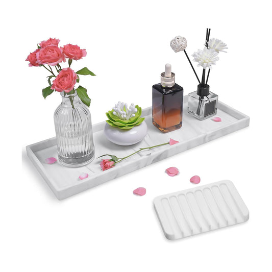 Marble Tray / Silicone Bathroom Vanity Trays / Marble White / 15.7 x 5.9 x 0.9