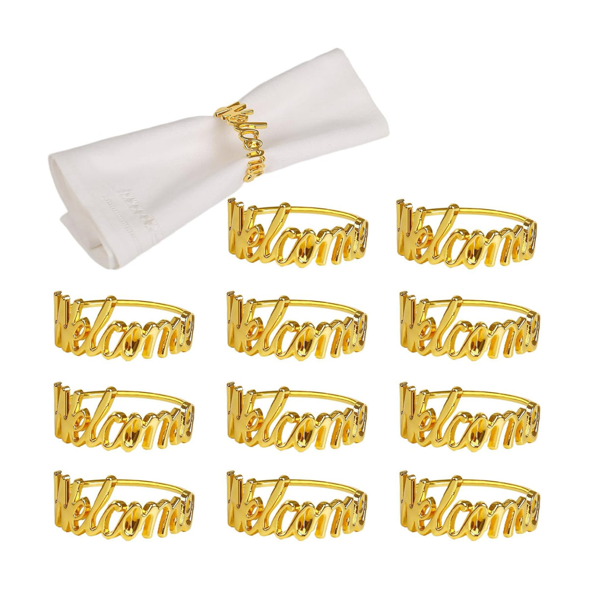 wonlex Gold Napkin Rings Set of 12, Modern Themed Napkin Ring Buckles Simple Alphabet Napkin Rings Serviette Napkin Holder for Family Gatherings Dinner Engagement Party Banquet Table Decor(Welcome)