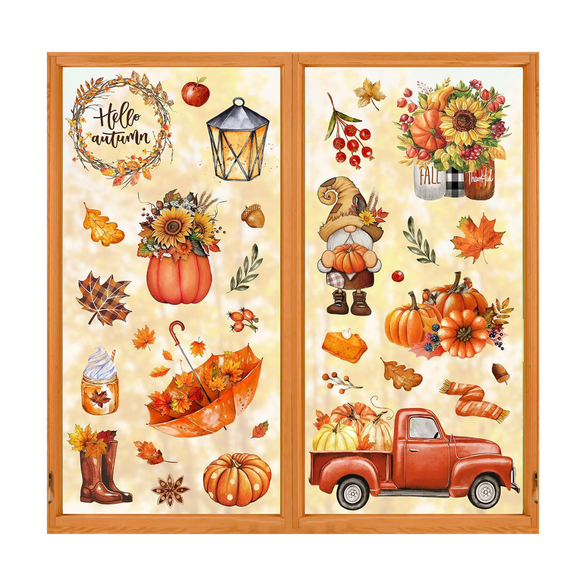 Whaline Fall Thanksgiving Window Clings Maple Leaves Pumpkin Umbrella Truck Gnome Window Decals Hello Autumn Double-Side Glass Decals for Home Party Decoration, 7.9 x 11.8 Inch, 9 Sheet
