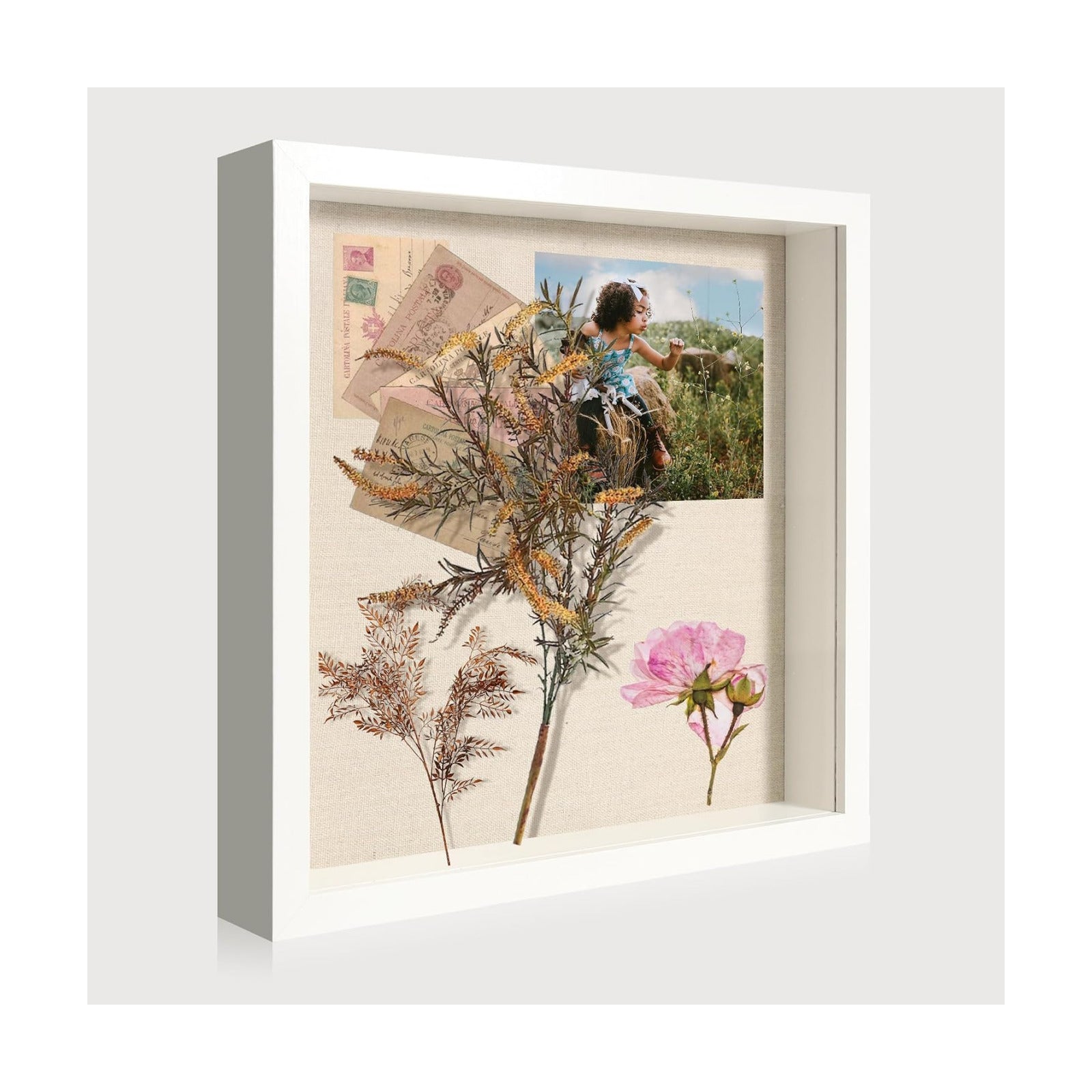 11x11 Shadow Box Display Case with Tempered Glass, White Wooden Large Memory Shadow Box Frame with Soft Linen Back for