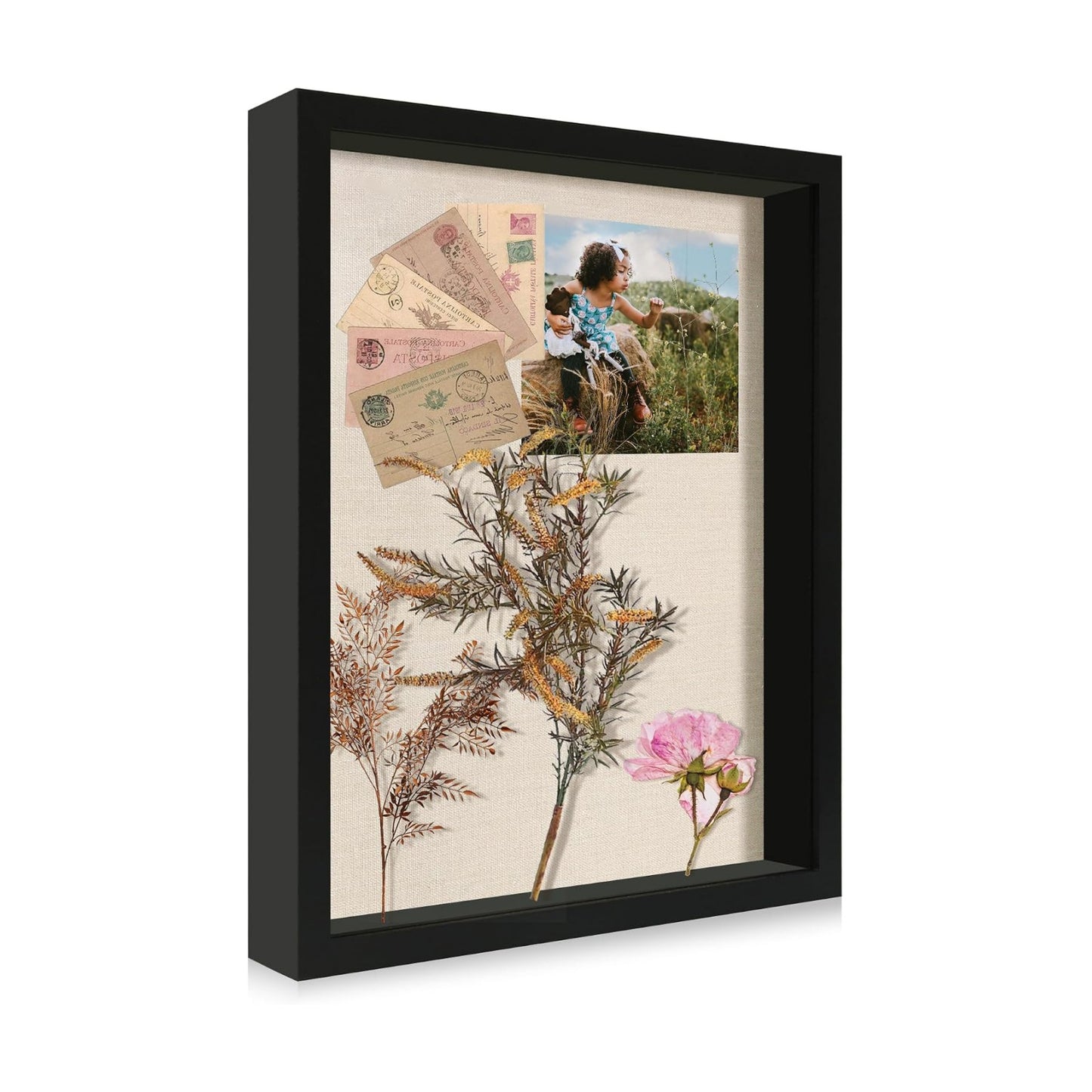 11x14 Shadow Box Display Case with Tempered Glass, Black Wooden Large Memory Shadow Box Frame with Soft Linen Back