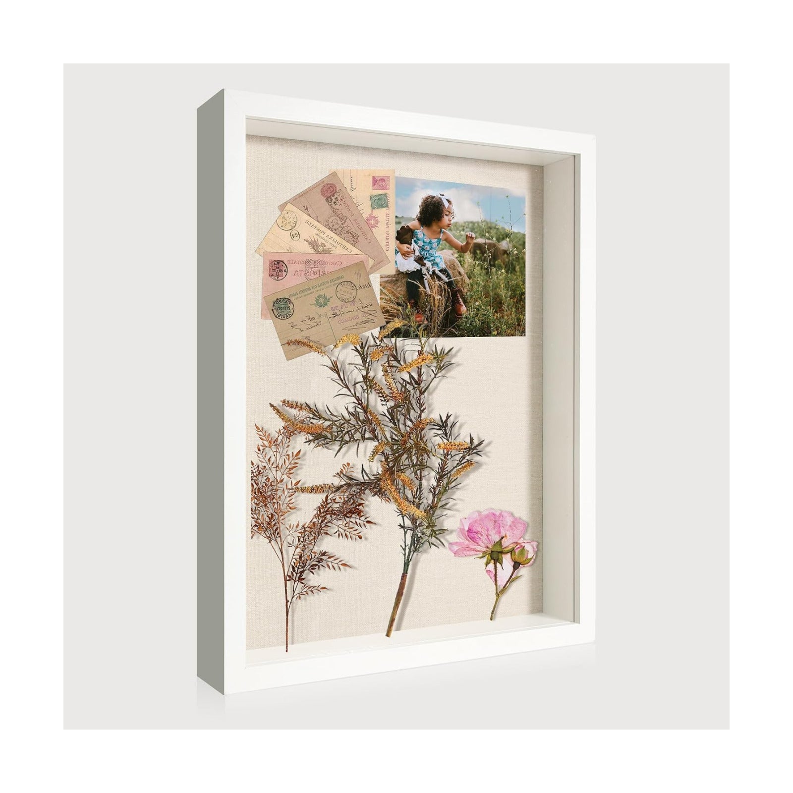 11x14 Shadow Box Display Case with Tempered Glass, White Wooden Large Memory Shadow Box Frame with Soft Linen Back