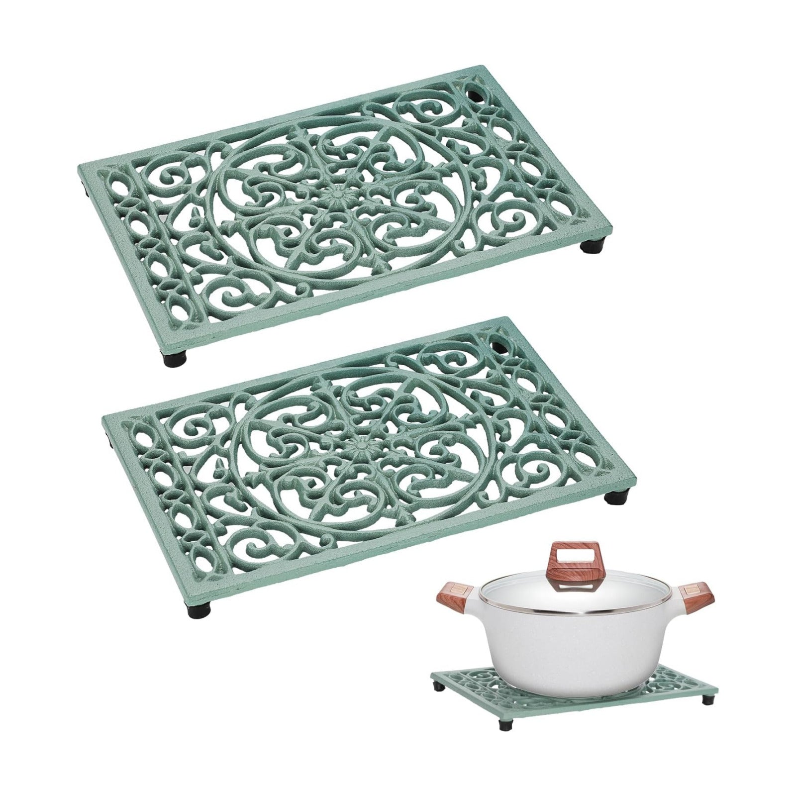 Sumnacon Cast Iron Trivet 2Pcs Heat Resistant Trivets for Hot Pots and Pans | 9.6 x 6.3 Inch Metal Trivets with Rubber