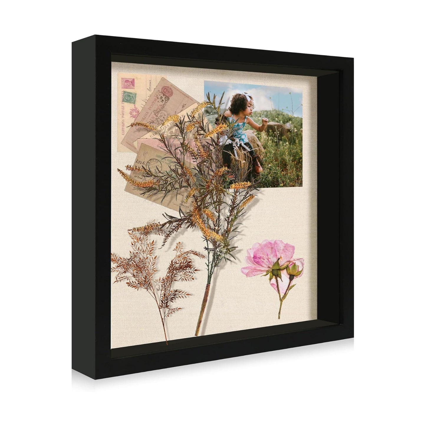11x11 Shadow Box Display Case with Tempered Glass, Black Wooden Large Memory Shadow Box Frame with Soft Linen Back for