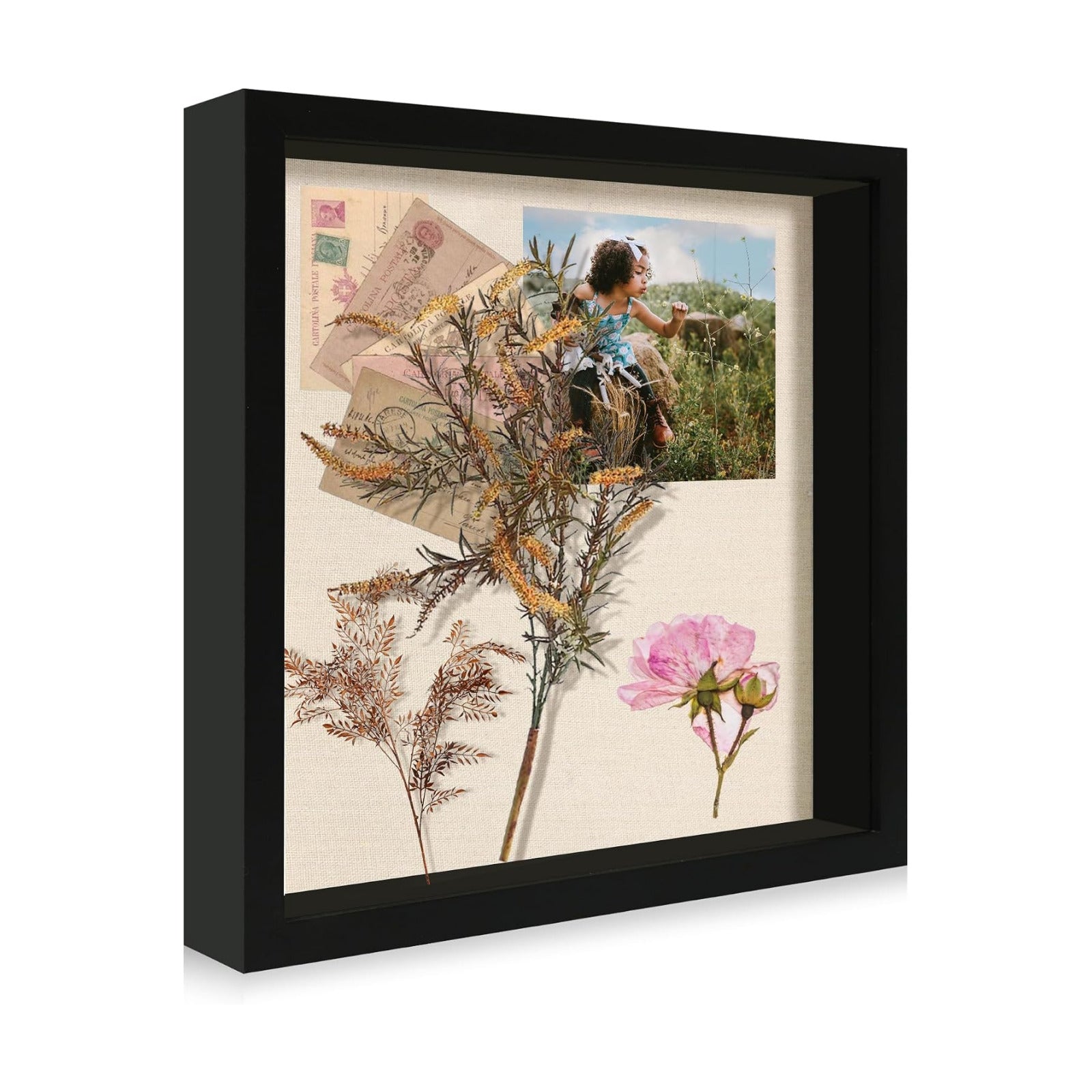 11x11 Shadow Box Display Case with Tempered Glass, Black Wooden Large Memory Shadow Box Frame with Soft Linen Back for