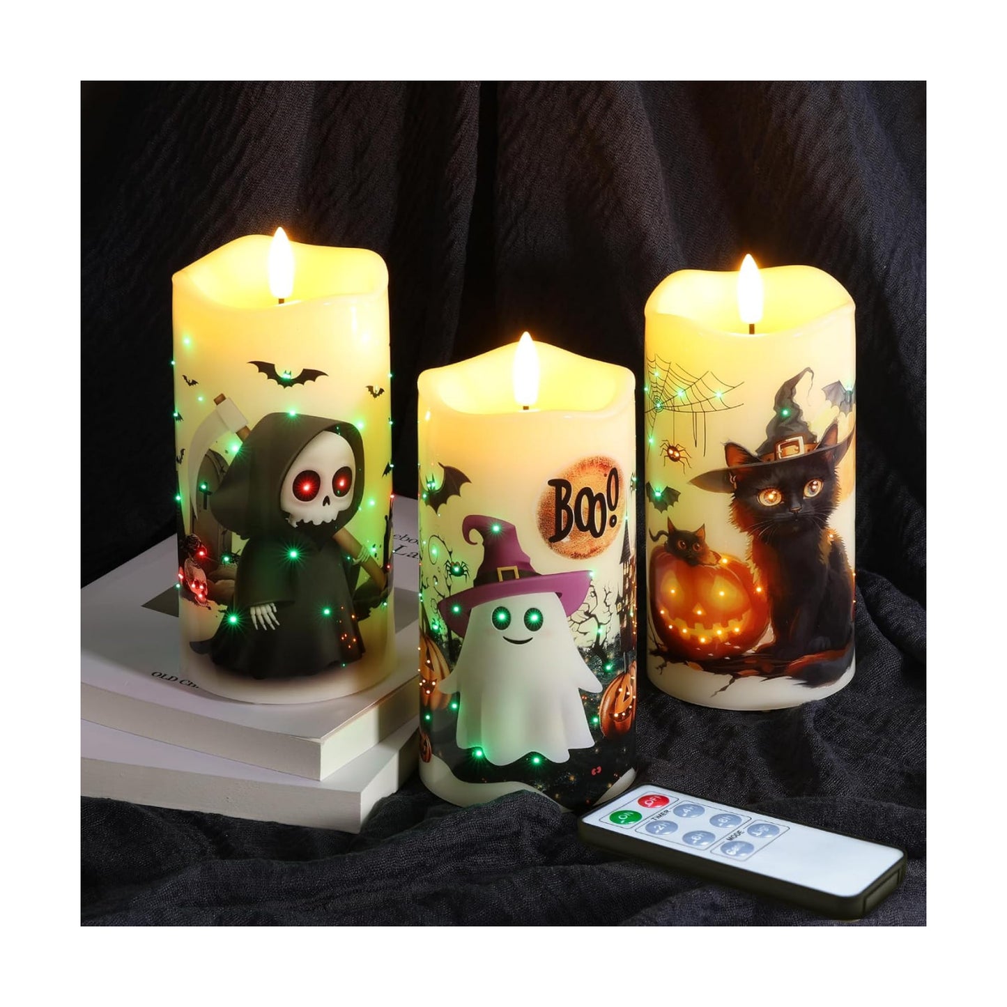 Fiber Optic Halloween Flameless Pillar Candles with Remote 3 Pack | Ghost Cat Bat LED Candles Flickering, 3 AA Battery