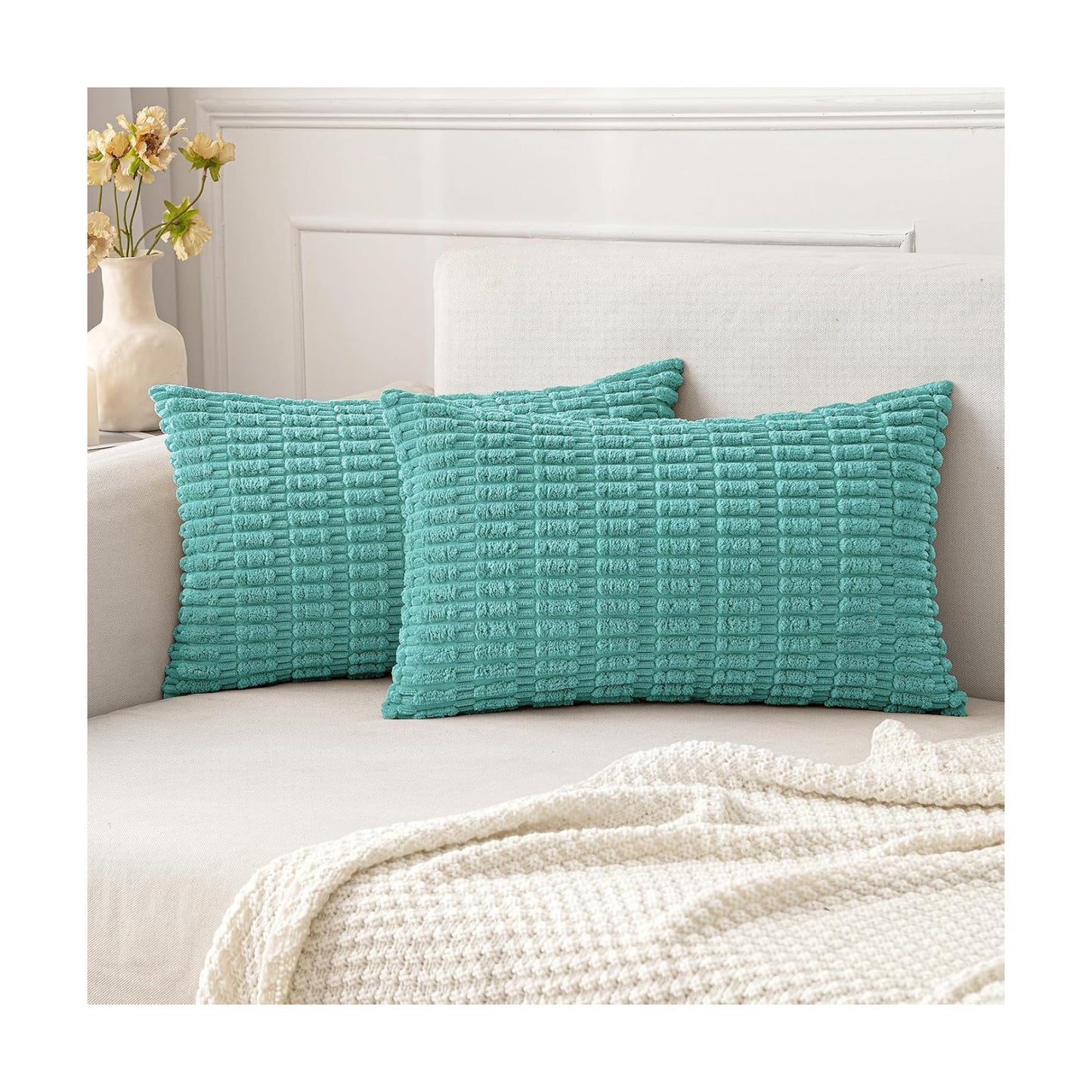 MIULEE Lumbar Corduroy Decorative Throw Pillow Covers 12x20 Aqua Green