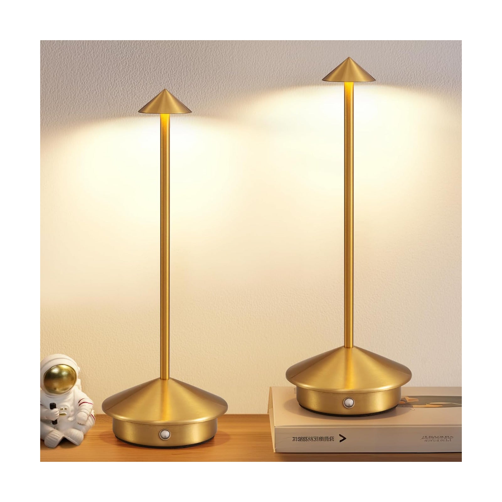 Modern Cordless Table Lamp Set of 2, Gold Portable LED Desk Lamps | 5000mAh, Rechargeable, Battery Operated Lighting