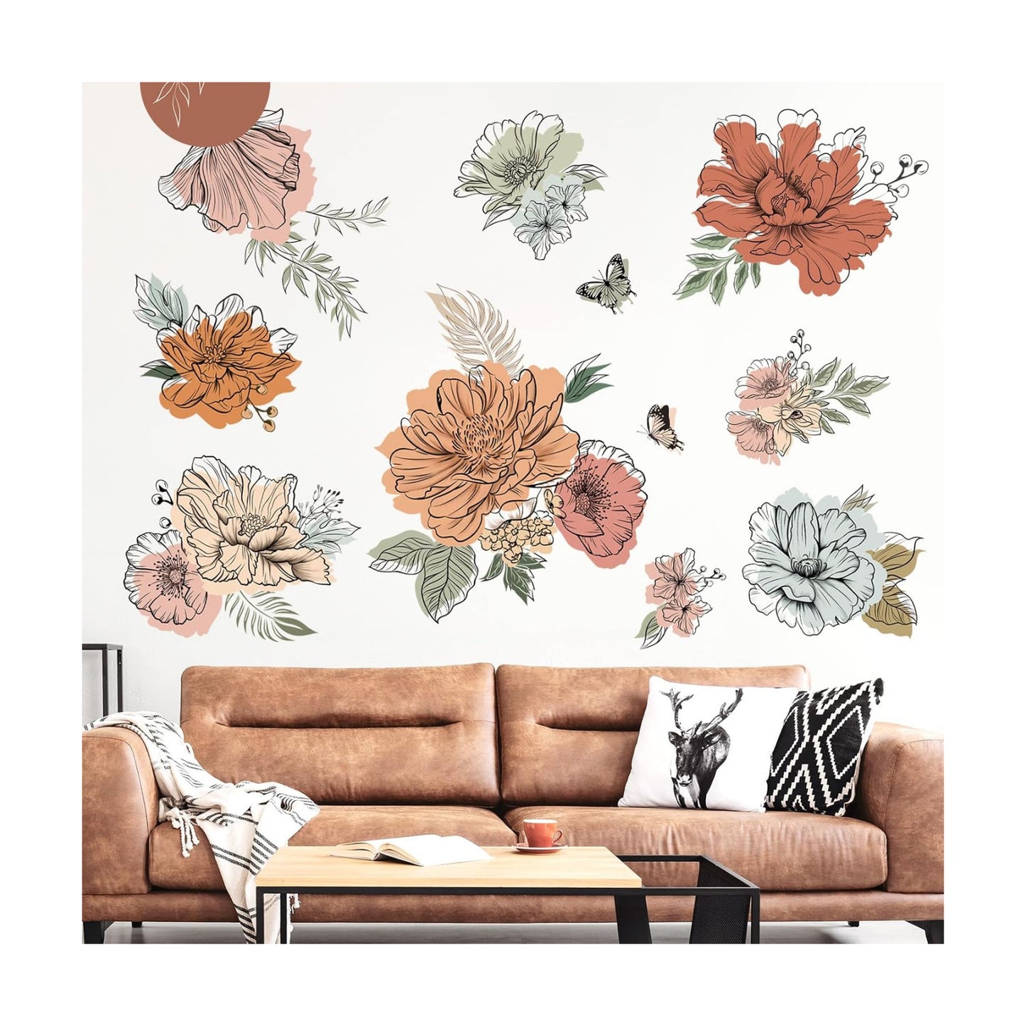 Boho Vintage Large Flower Wall Decals Bohemian Retro Floral Sun Butterfly Wall Stickers Living / C