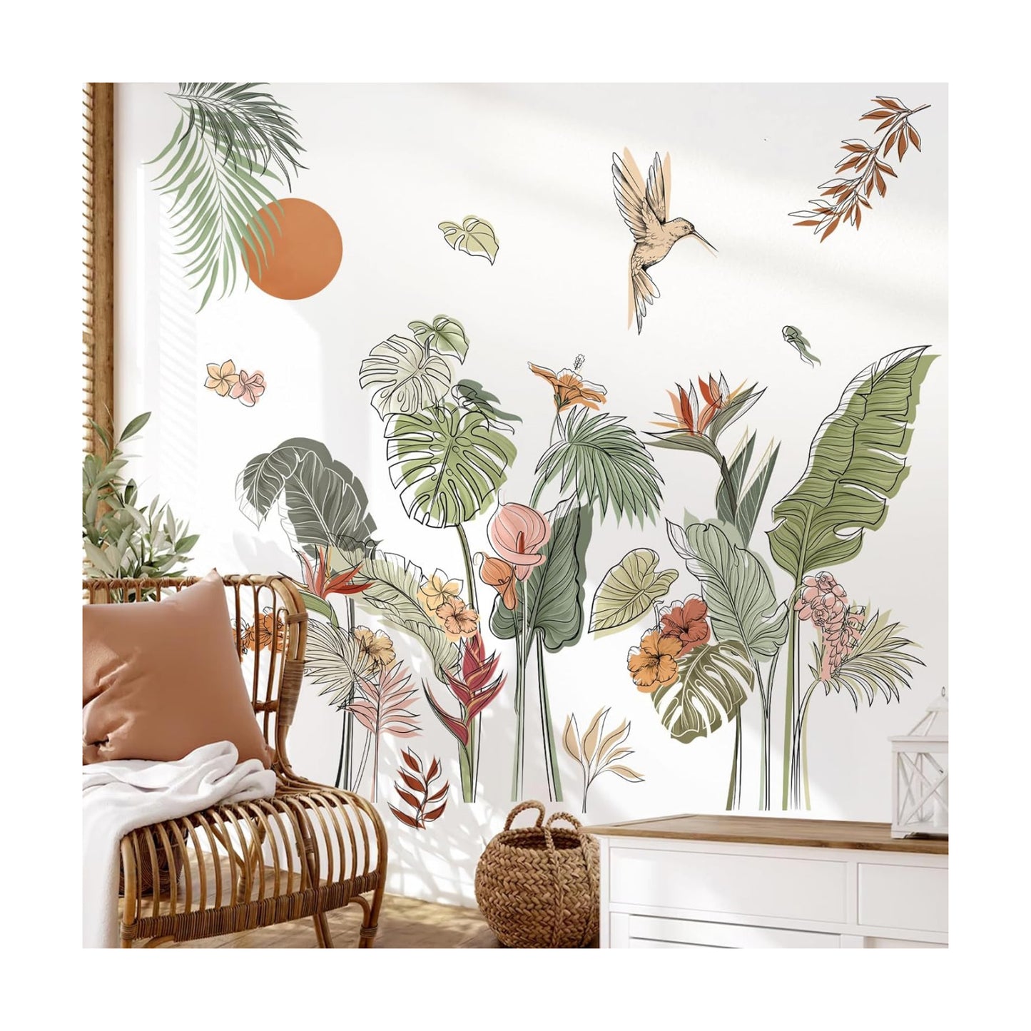 Boho Tropical Leaves Flower Wall Decals Bohemian Floral Plants Sun Wall Stickers Bedroom Living / B