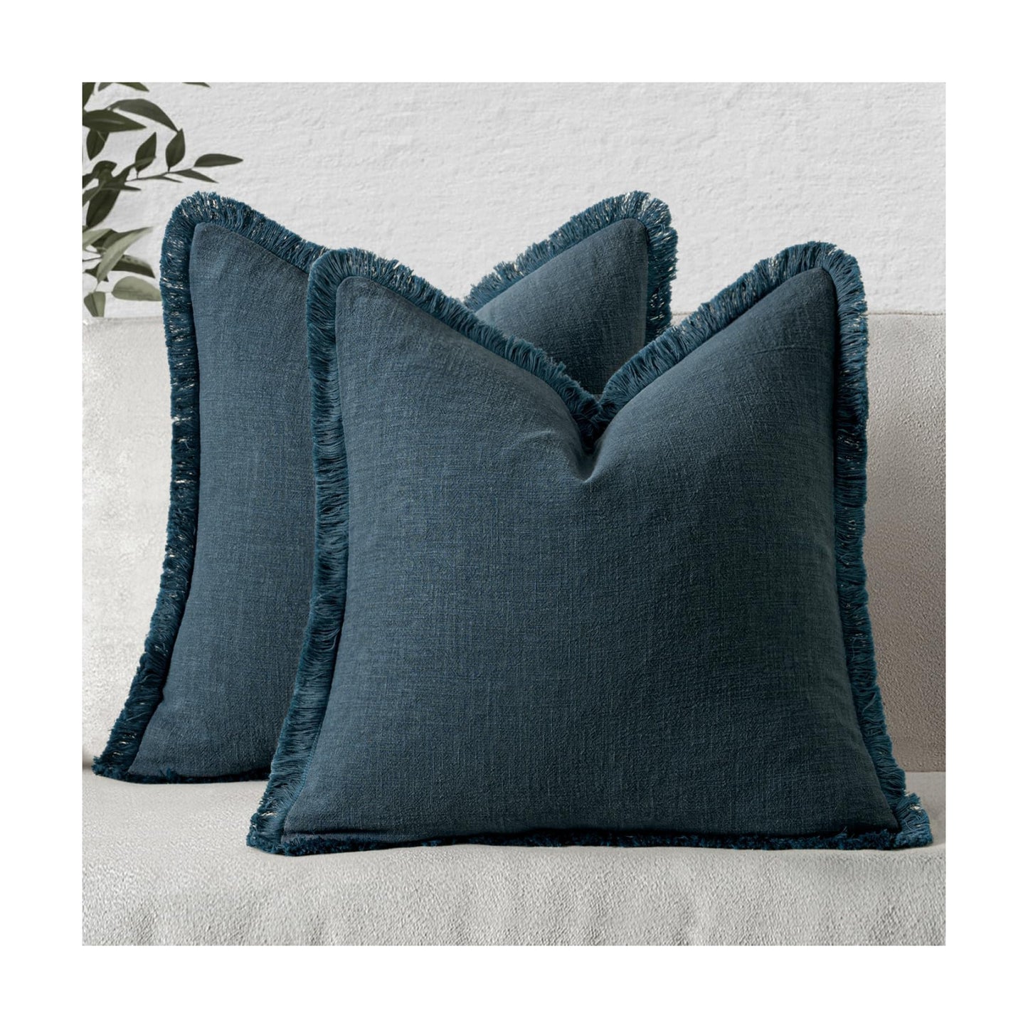 MIULEE Linen Fringe Decorative Euro Throw Pillow Covers Navy Blue 26x26
