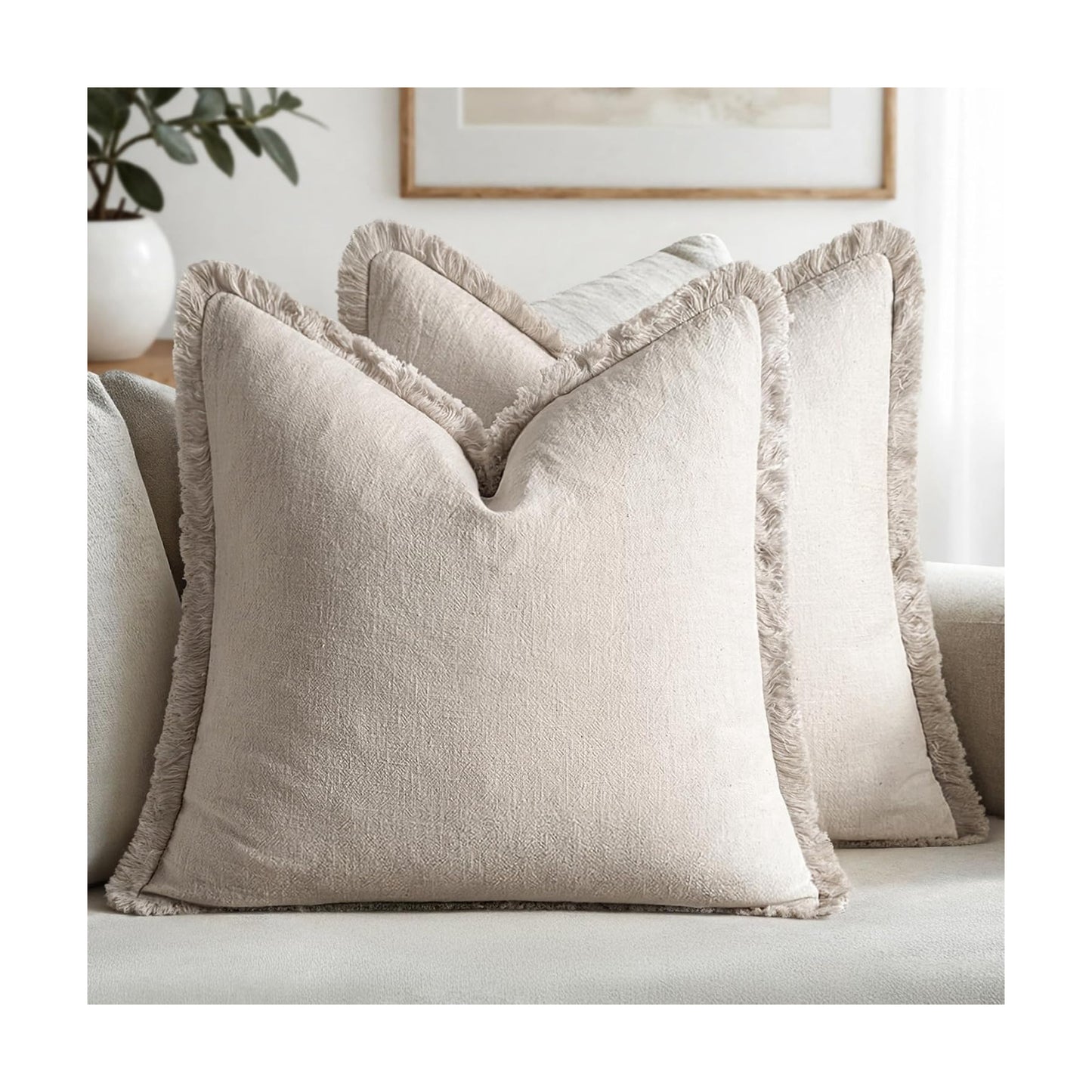 MIULEE Linen Fringe Decorative Euro Pillow Covers Natural Beige 24x24