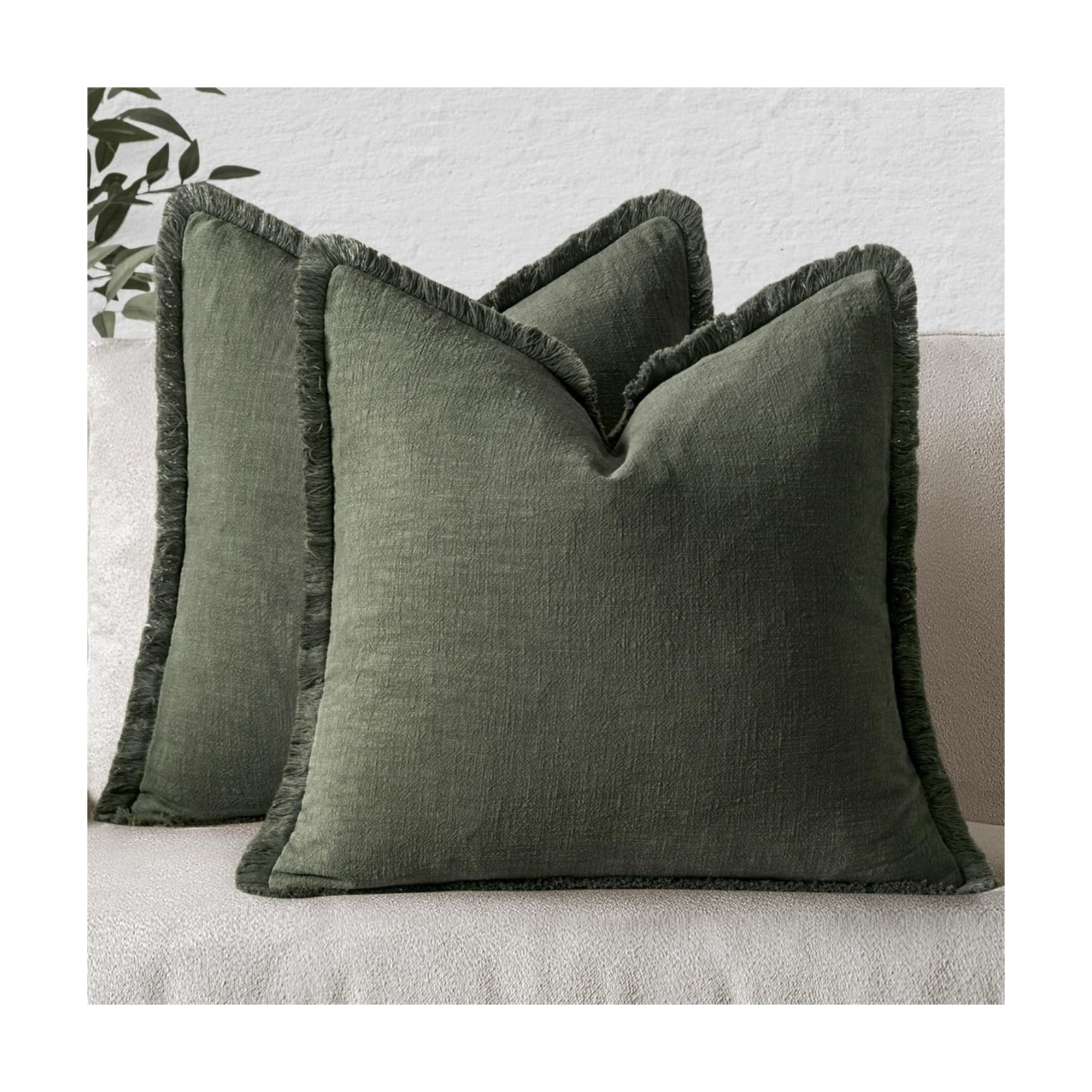 MIULEE Boho Linen Fringe Decorative Throw Pillow Covers Rifle Green 20x20