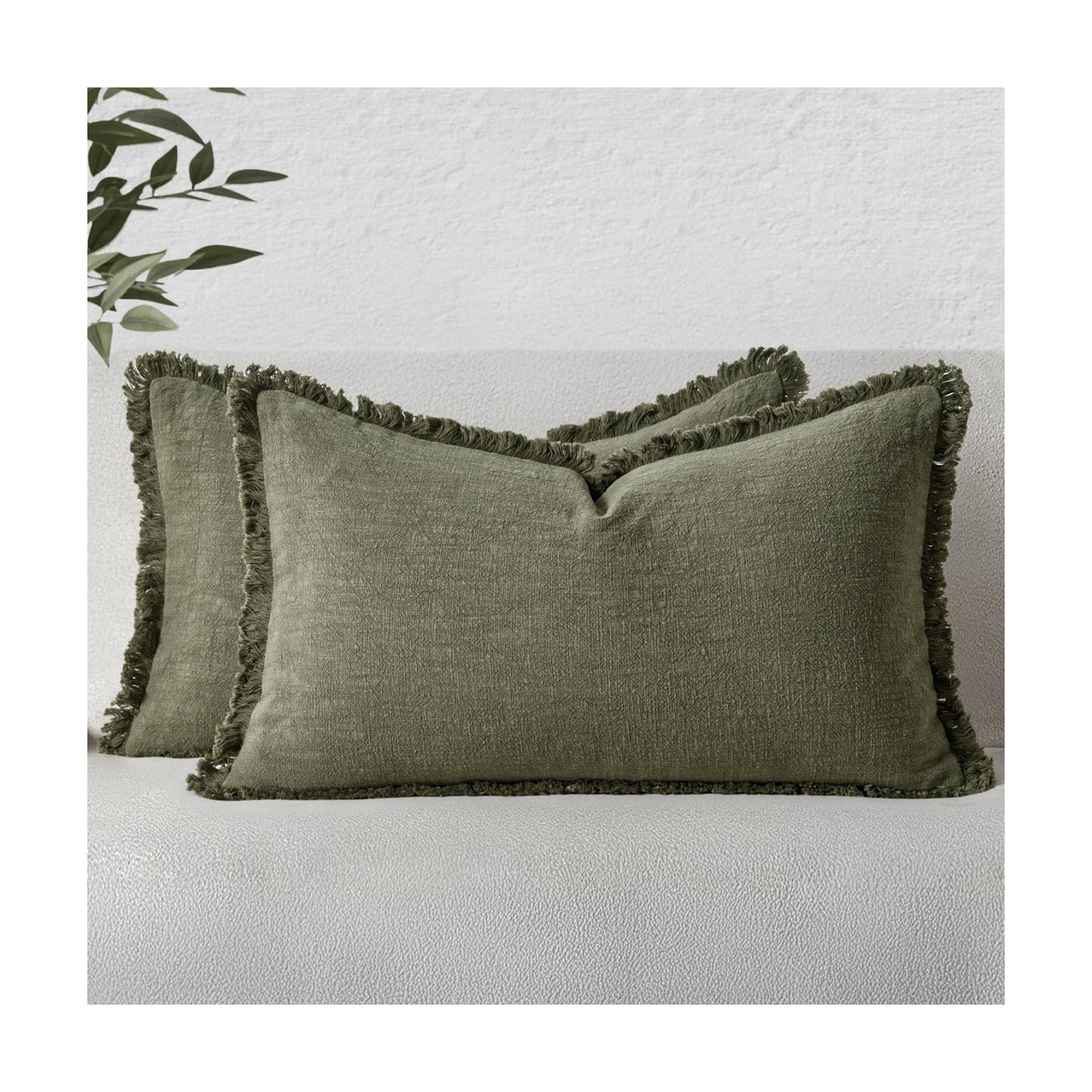 MIULEE Boho Linen Decorative Lumbar Throw Pillow Covers Olive Green 12x20