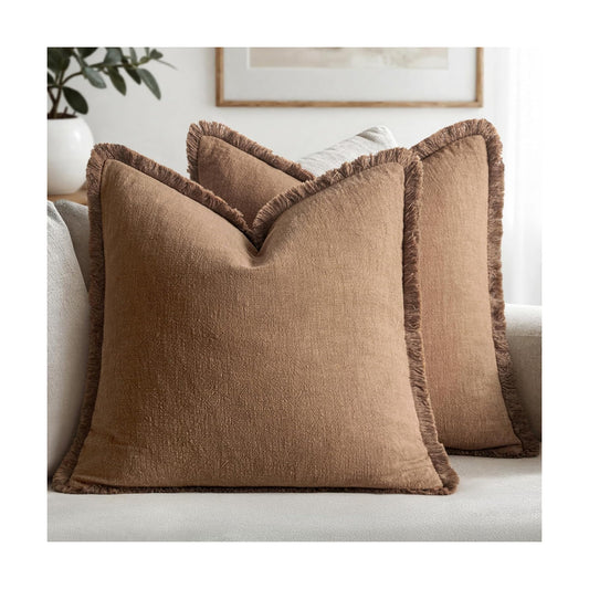 Decorative Throw Pillow Covers Neutral Linen Fringe Throw Pillows Boho / 20 x 20 / Brown / Set of 2