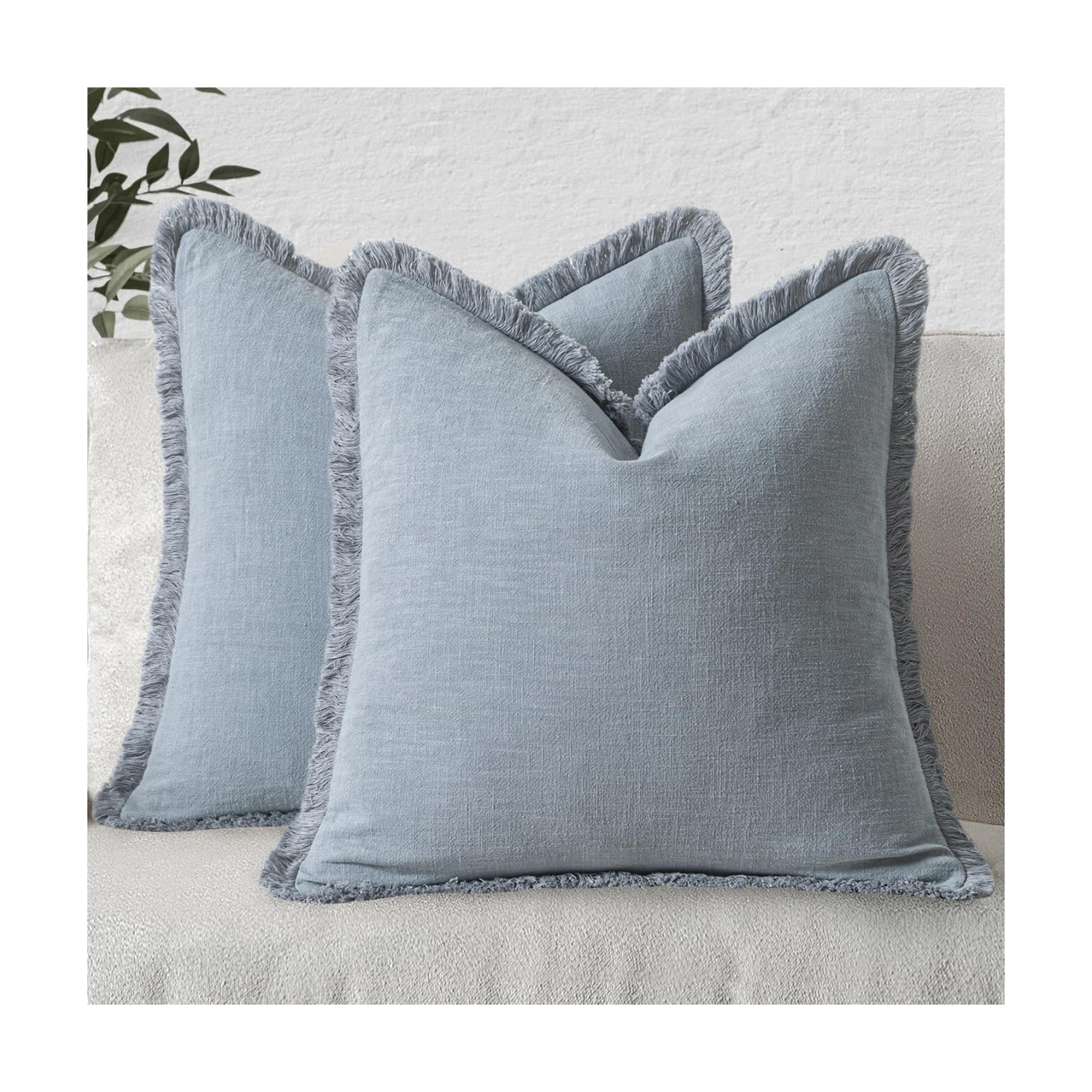 MIULEE Boho Linen Fringe Decorative Throw Pillow Covers Light Blue 18x18