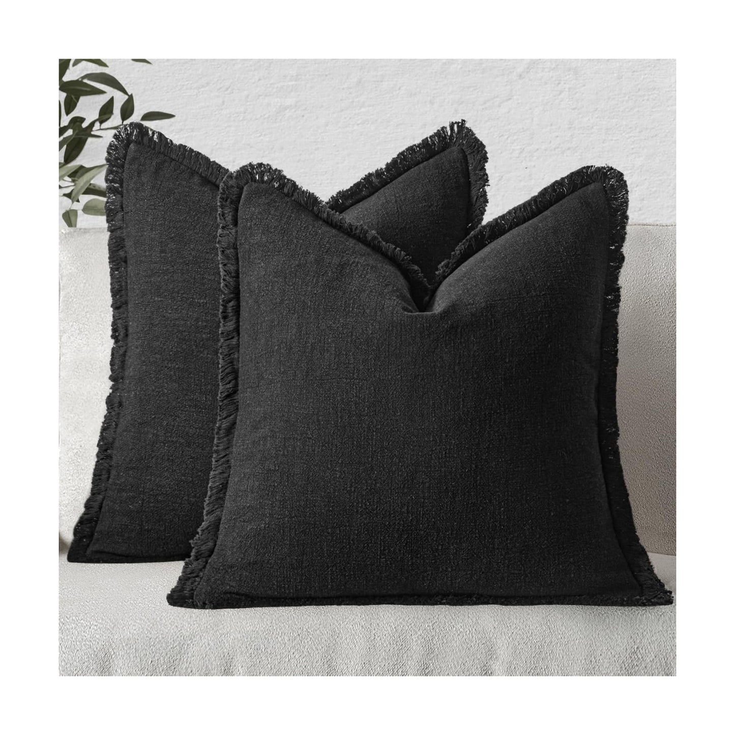 MIULEE Boho Linen Fringe Decorative Throw Pillow Covers Black 18x18