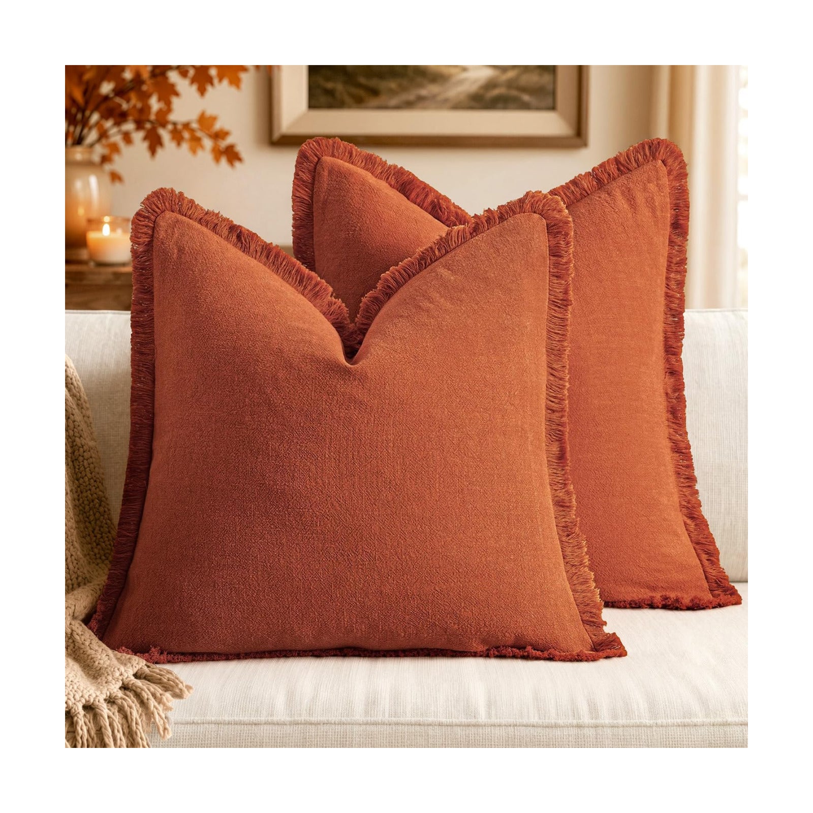 MIULEE Linen Fringe Decorative Fall Throw Pillow Covers Burnt Orange 18x18