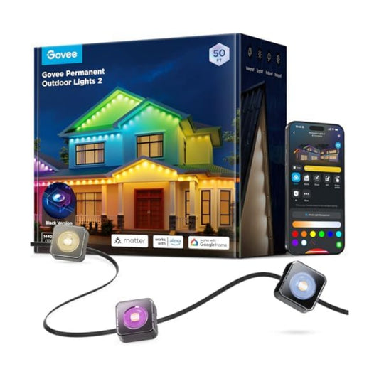 Govee Permanent Outdoor Lights 2, 50ft RGBIC Outdoor Lights with 16 Million Colors, IP67 Waterproof, 100 Scene Modes for Outdoor & Patio Area, Works with Alexa, Google Assistant, Black