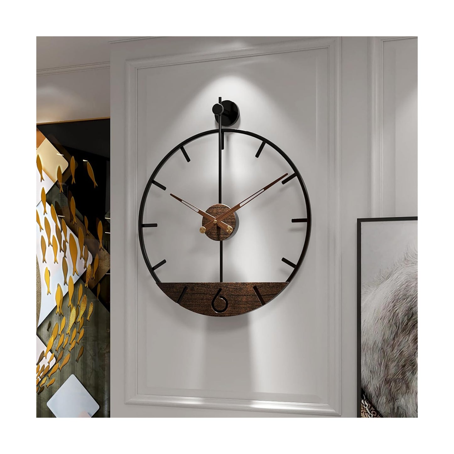 Modern Wood Walnut Dial Wall Clock, Large Simple Wall Decor Metal Frame Silent Non Ticking Clock for Living Room Decor