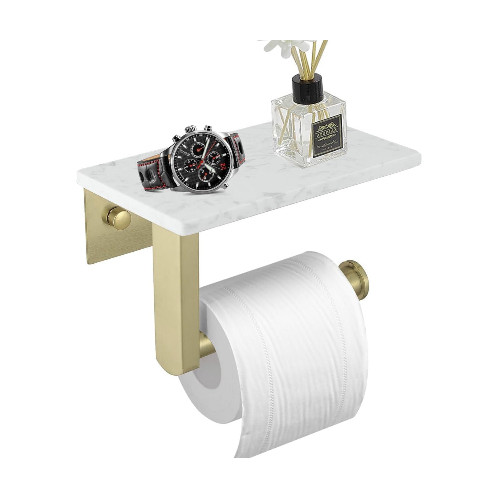BWE Brushed Gold Toilet Paper Holder with Marble Shelf Wall Mounted | Toilet Paper Roll Holder with Phone Shelf 304