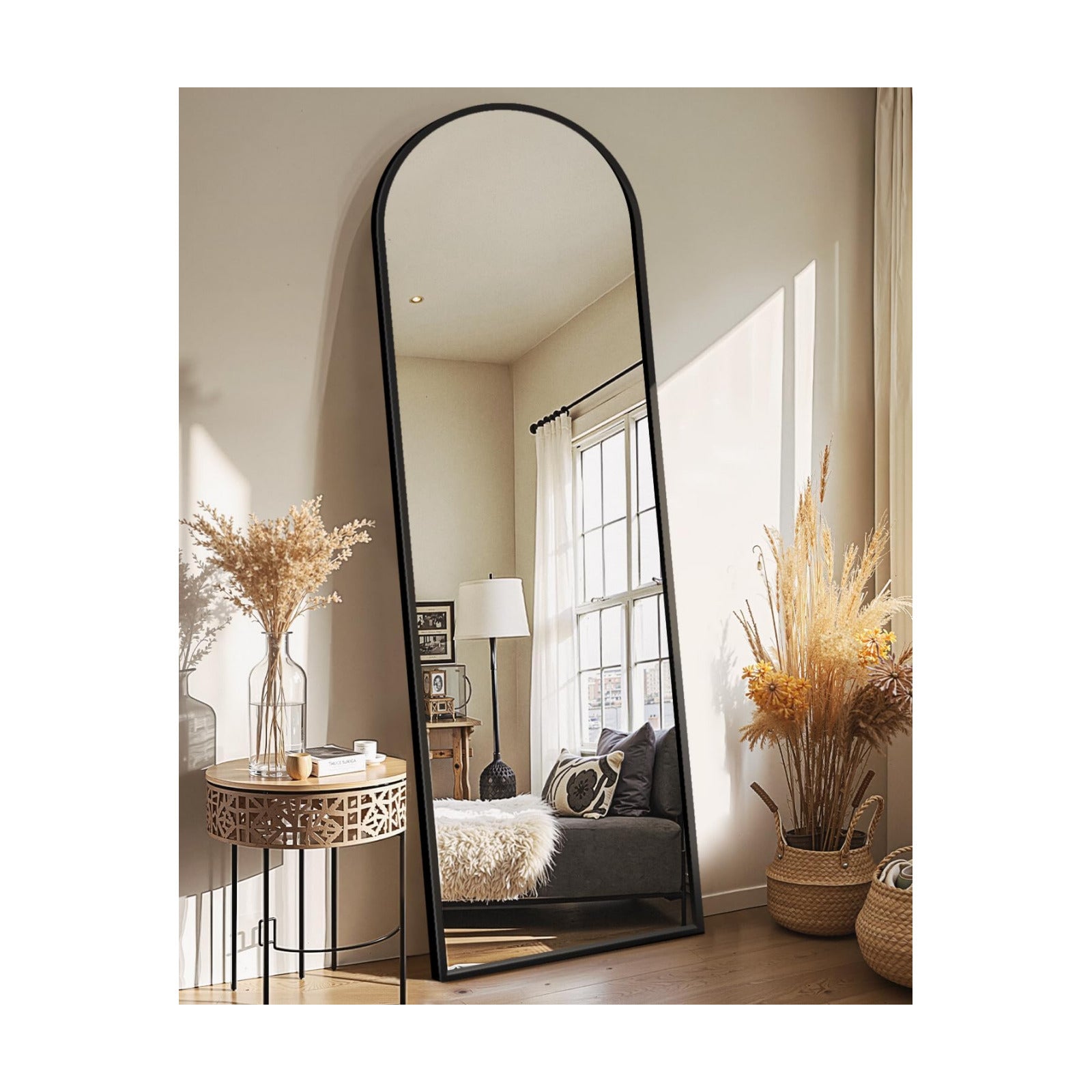Delma Arched Full Length Mirror with Stand, Black Floor Mirror