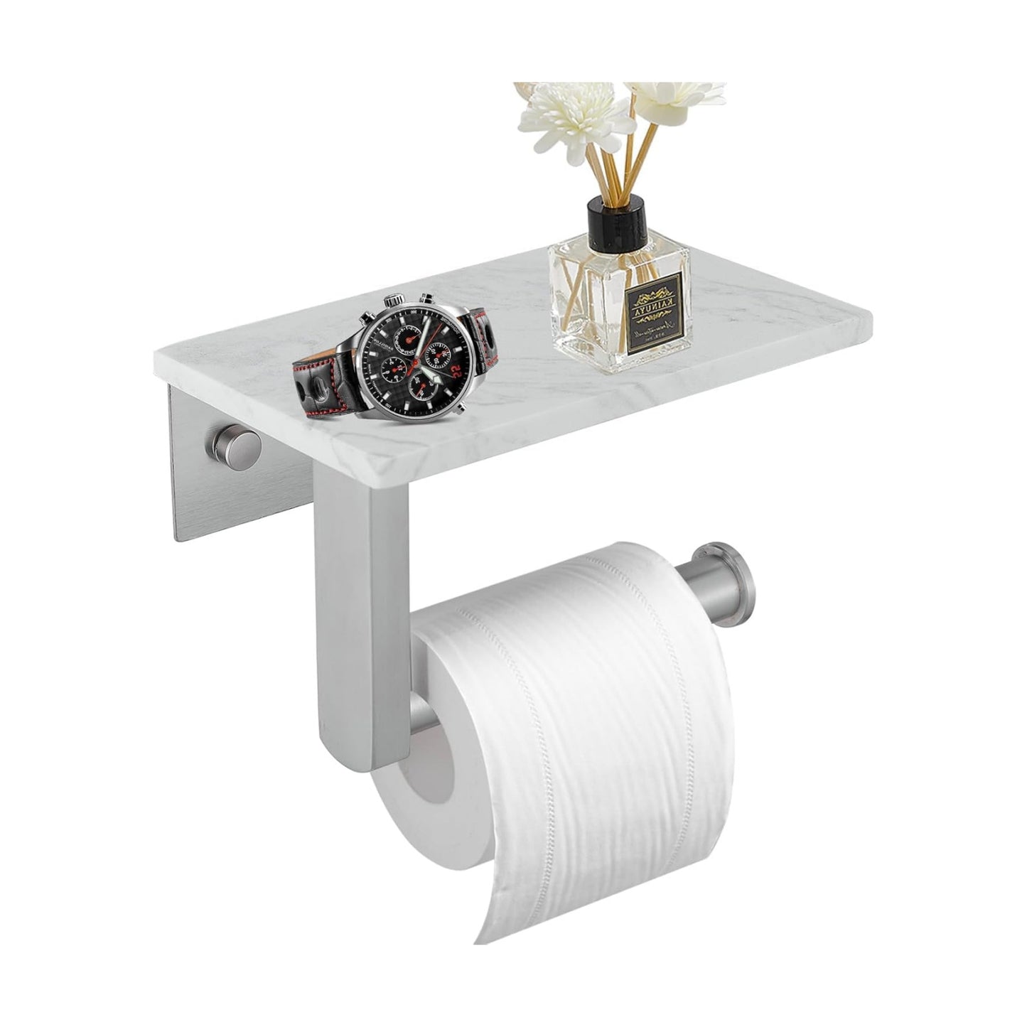 BWE Brushed Nickel Toilet Paper Holder with Marble Shelf Wall Mounted | Toilet Paper Roll Holder with Phone Shelf 304