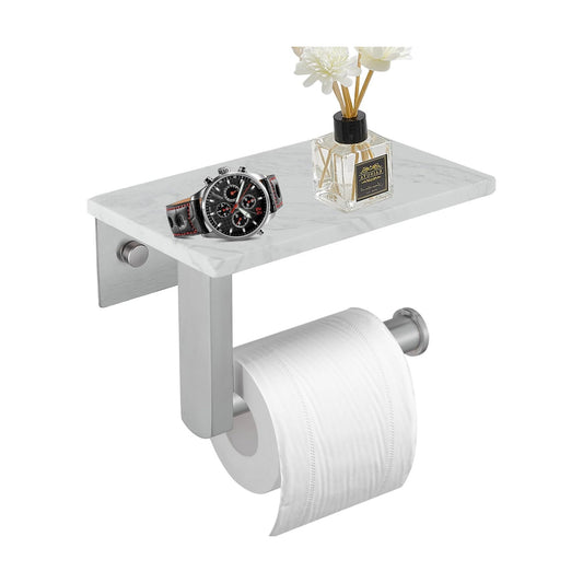 BWE Brushed Nickel Toilet Paper Holder with Marble Shelf Wall Mounted | Toilet Paper Roll Holder with Phone Shelf 304