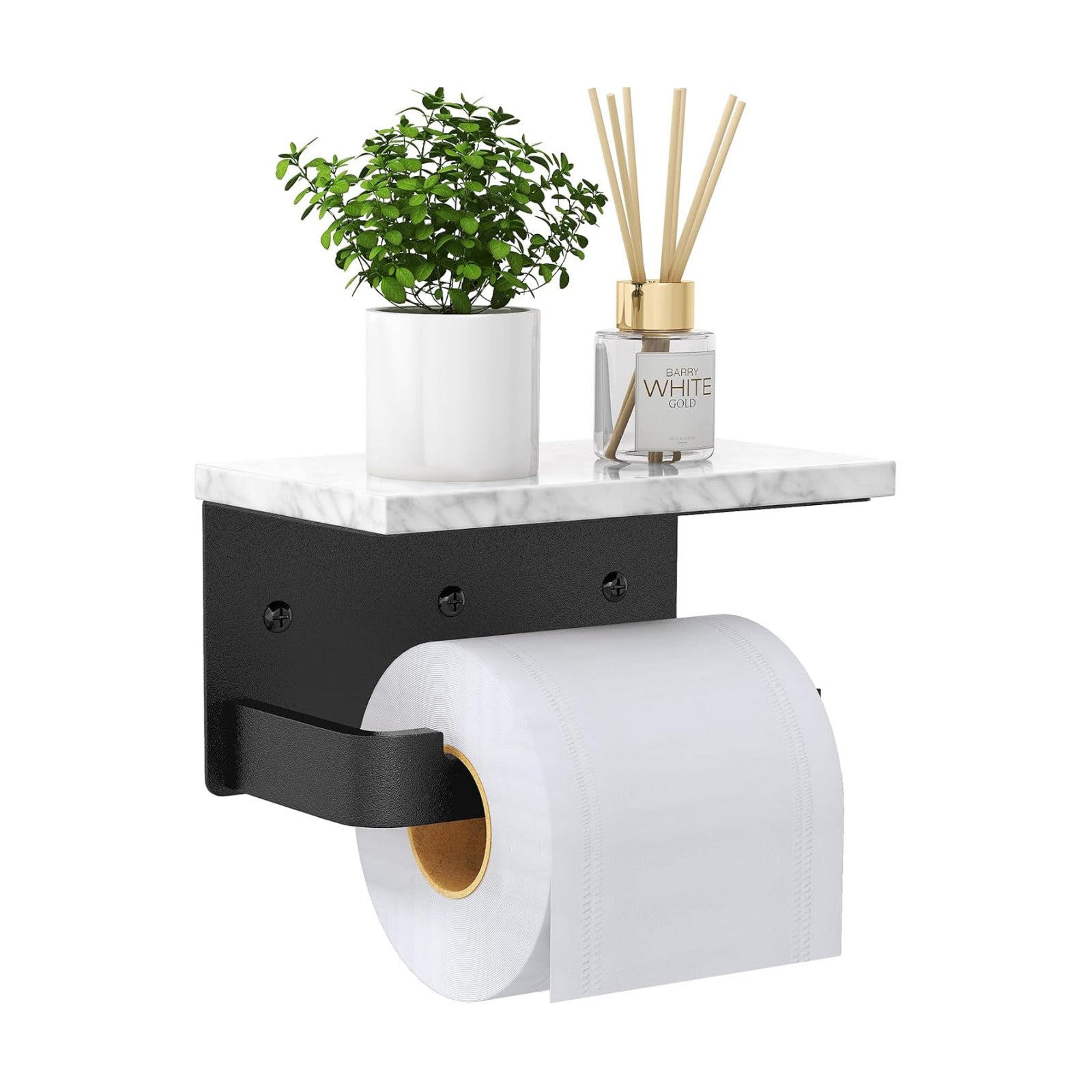 Gypie Toilet Paper Holder with Marble Shelf, Wall Mounted Matte Black | Toilet Roll Holder Black for Bathroom Washroom