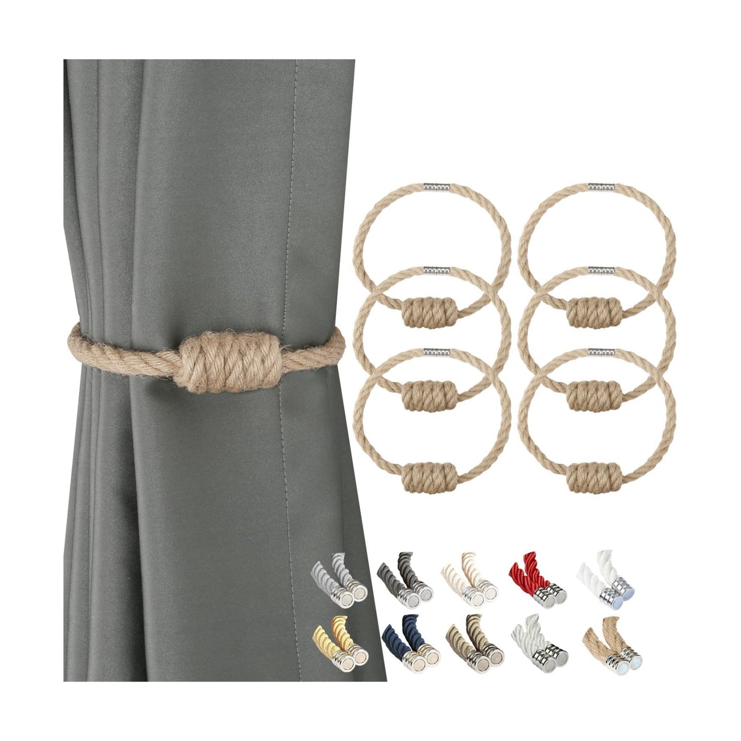 BEL AVENIR Magnetic Jute Curtain Tiebacks 6 Pack Hand-Woven Curtain Ties | Decorative Curtain Holdbacks Bohemian Style