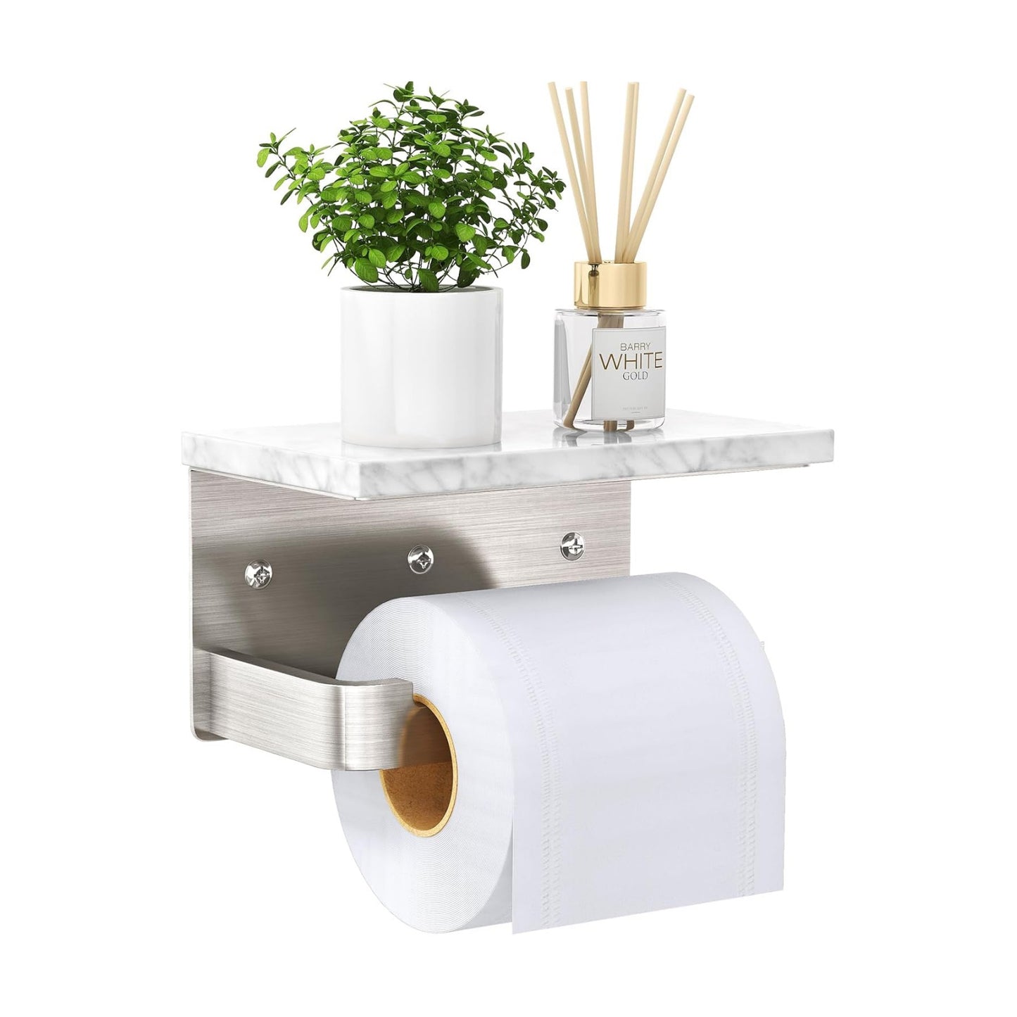 Gypie Toilet Paper Holder with Marble Shelf, Wall Mounted Brushed Nickel | Toilet Roll Holder for Bathroom Washroom
