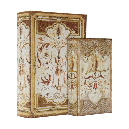 Magnetic Lock Faux Wooden Storage Book Box / Vintage Pattern / Set of 2