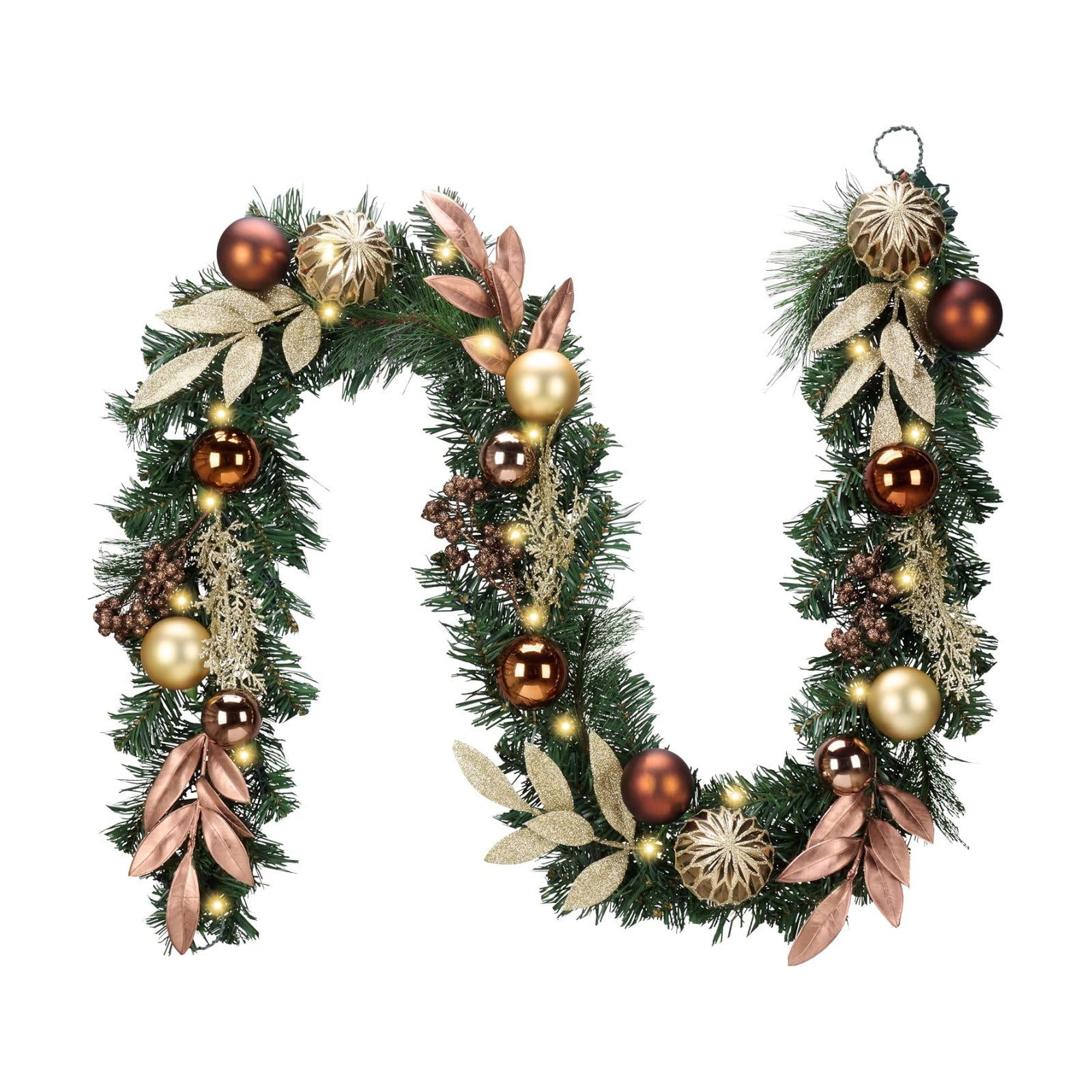 Valery Madelyn 6 Ft Pre-Lit Christmas Garland with Lights for Mantle, Lighted Outdoor Xmas Garland with Copper Gold