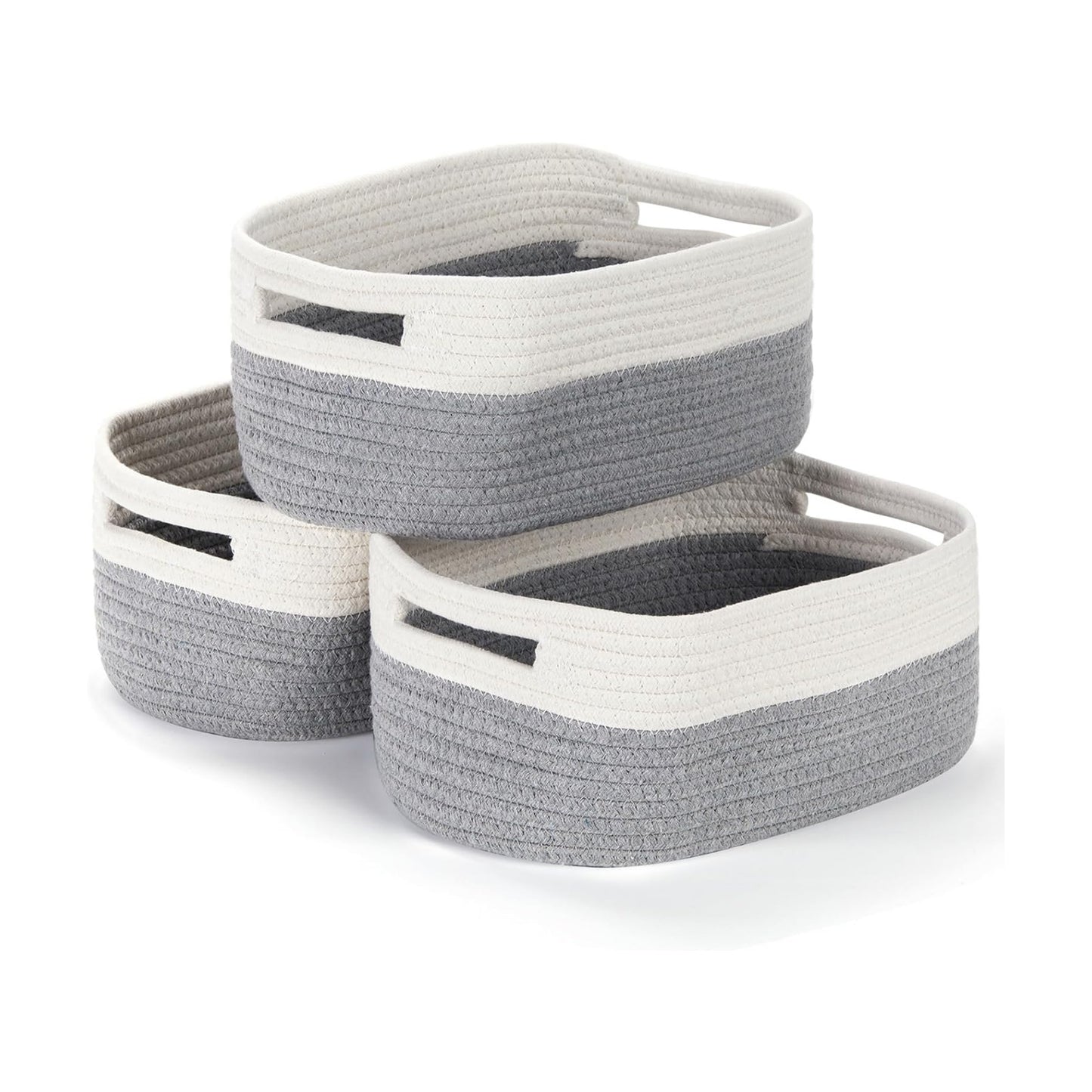 Small Cotton Rope Storage Baskets for Organizing Woven / 11.8 x 7.8 x 5 / White&grey / Set of 3