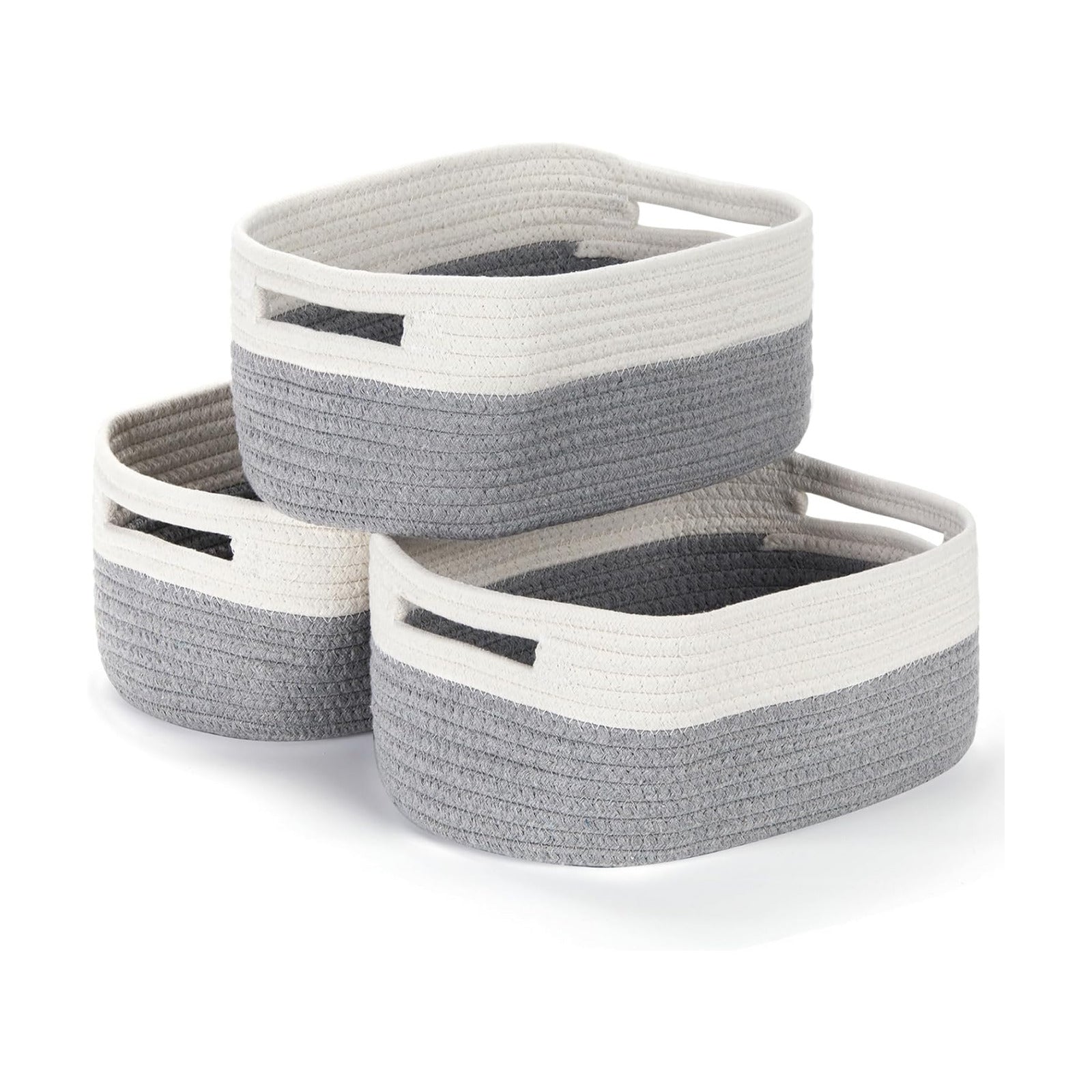 Small Cotton Rope Storage Baskets for Organizing Woven / 11.8 x 7.8 x 5 / White&grey / Set of 3