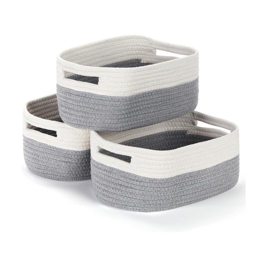 Small Cotton Rope Storage Baskets for Organizing Woven / 11.8 x 7.8 x 5 / White&grey / Set of 3