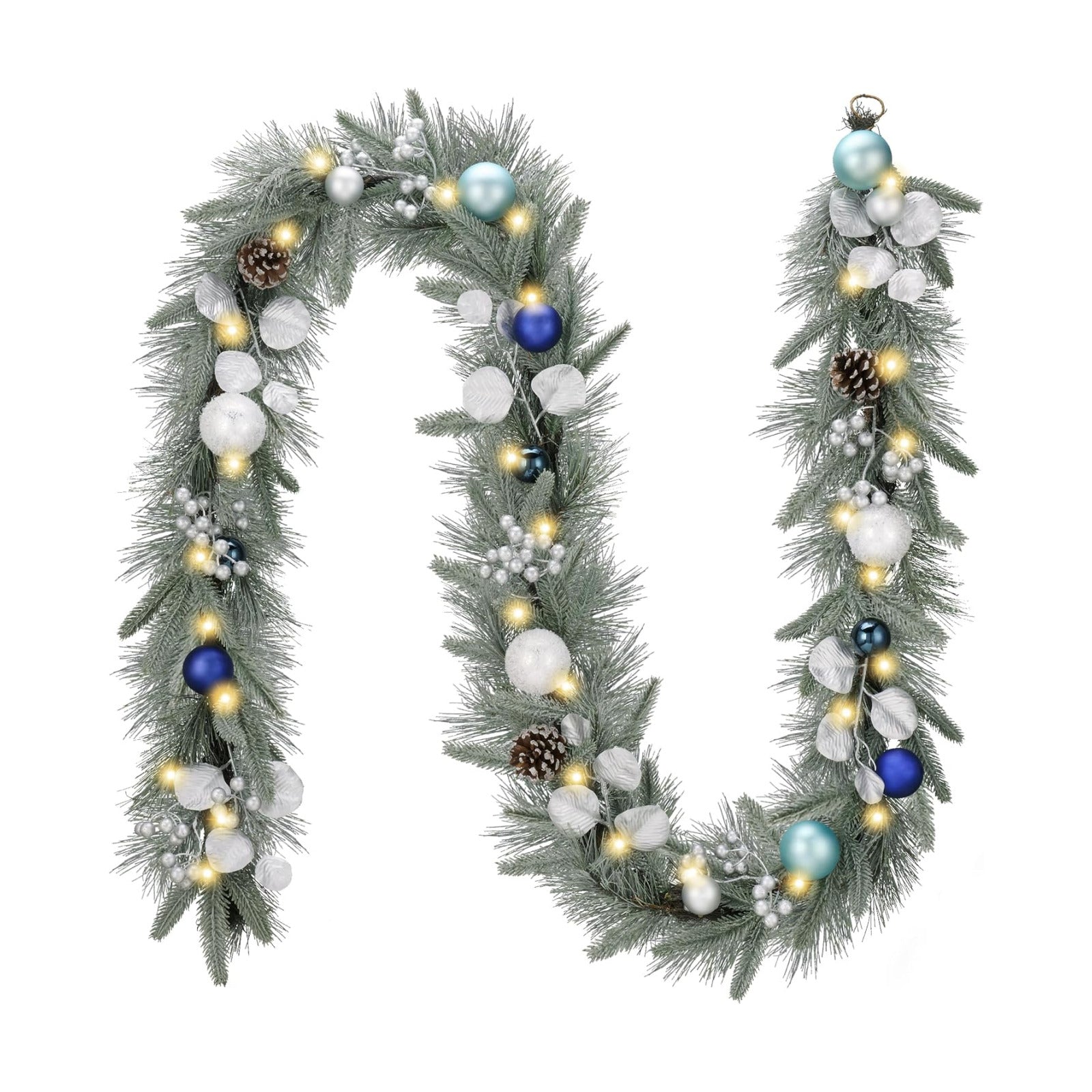 Valery Madelyn 9 Ft Pre-Lit Christmas Garland with Lights for Mantle, Lighted Outdoor Xmas Garland with Silvery Blue