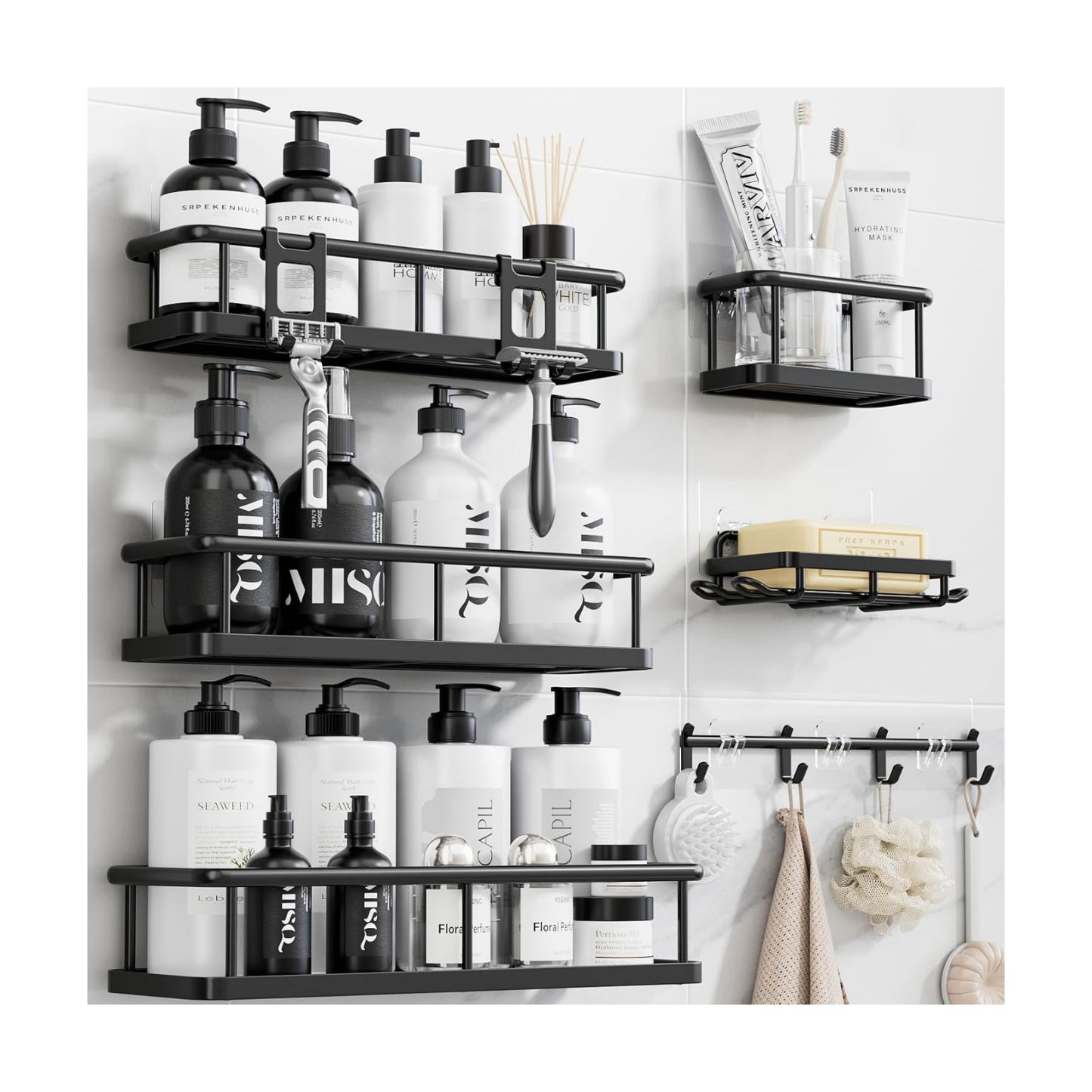 YASONIC Shower Caddy Adhesive, Rustproof Shower Organizer with Soap Holder, Large Capacity Shower Shelves for Inside