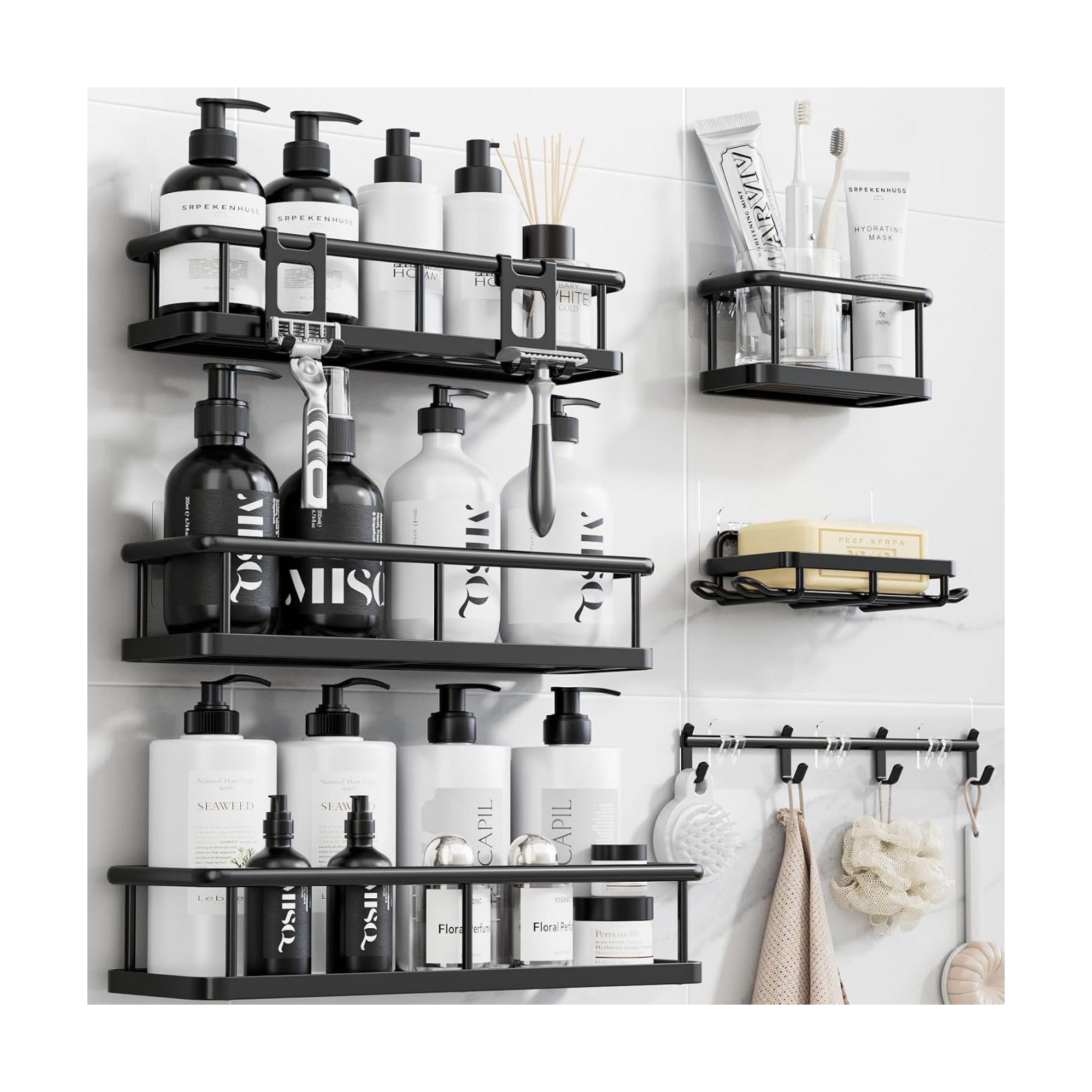 YASONIC Shower Caddy Adhesive, Rustproof Shower Organizer with Soap Holder, Large Capacity Shower Shelves for Inside